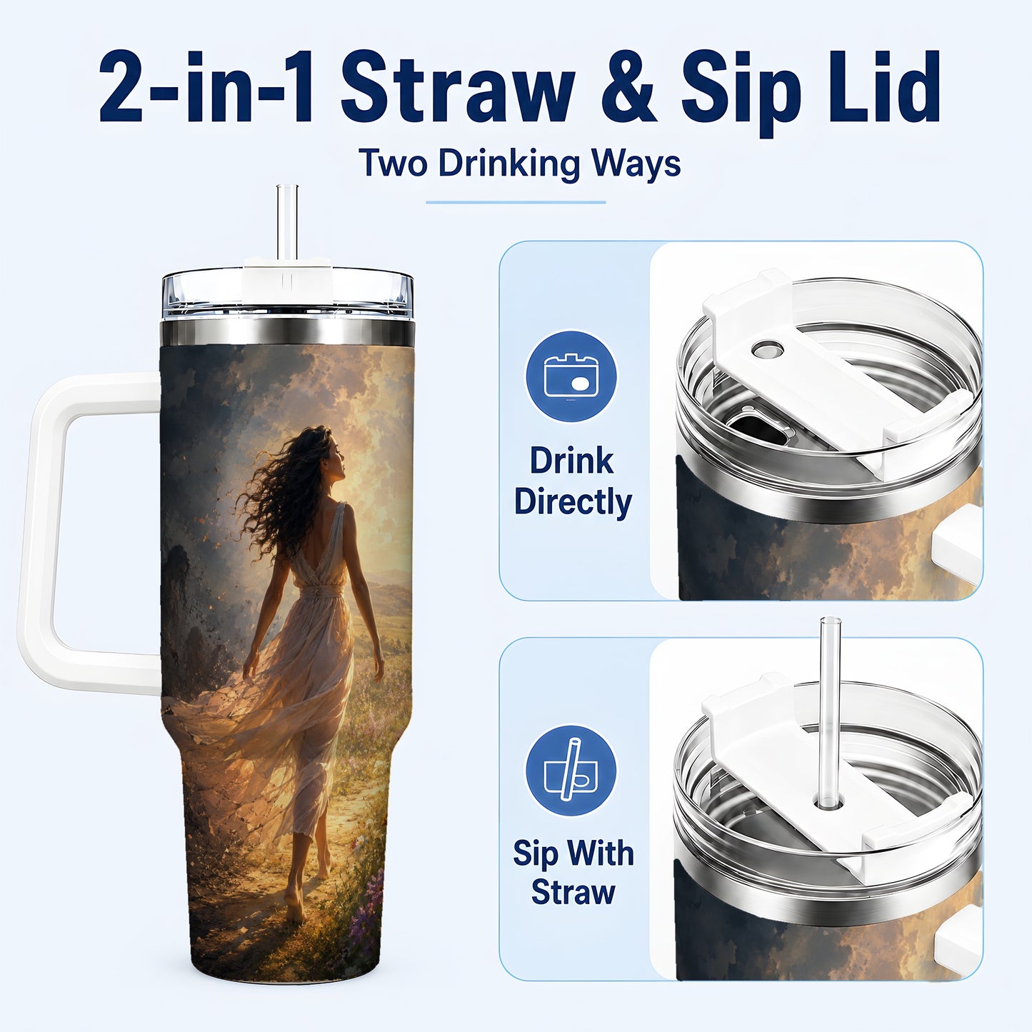 #pl[40oz|White] Into the Light 40oz Tumbler with Handle, Hopeful Journey Art