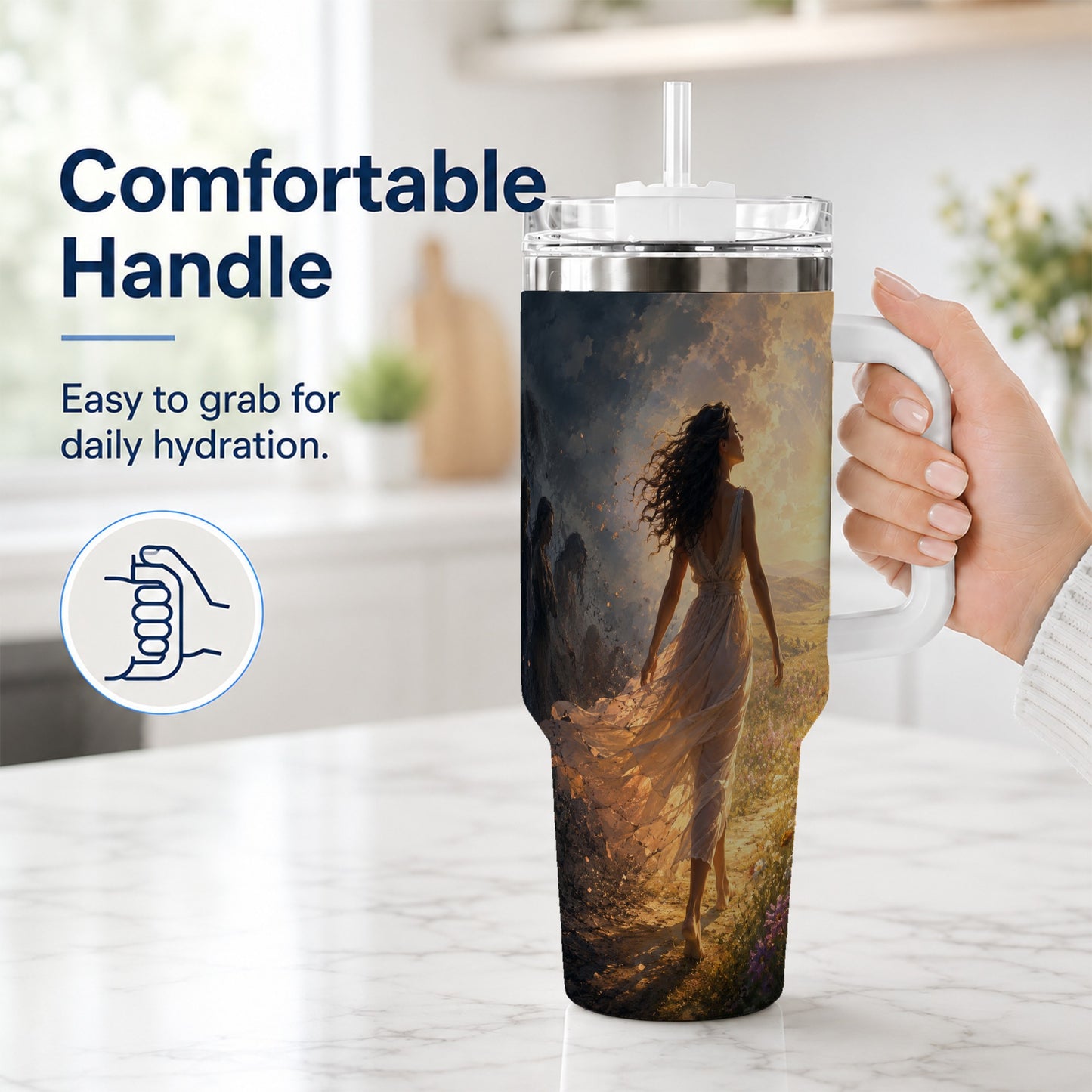 #pl[40oz|White] Into the Light 40oz Tumbler with Handle, Hopeful Journey Art