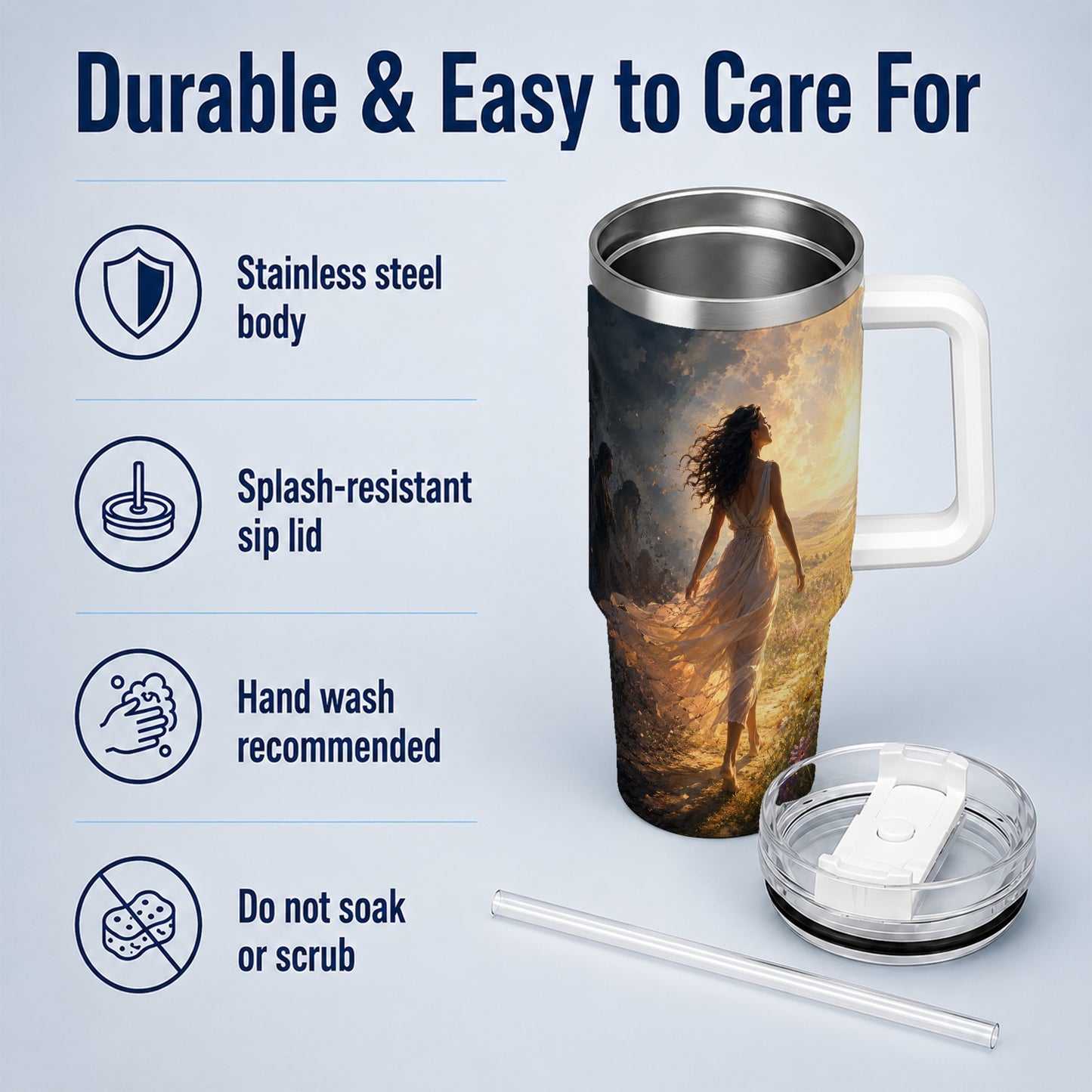 #pl[40oz|White] Into the Light 40oz Tumbler with Handle, Hopeful Journey Art