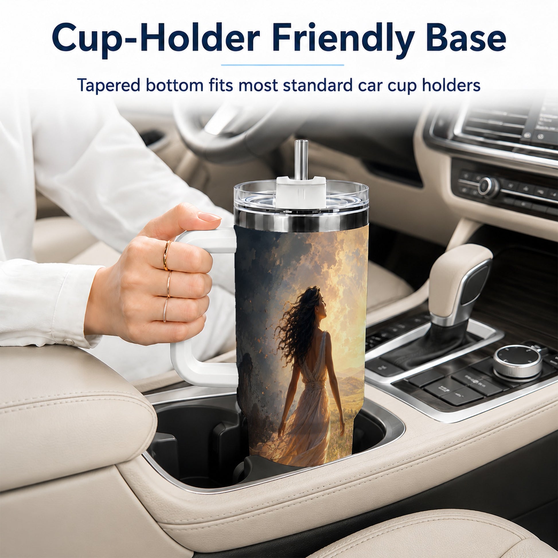 #pl[40oz|White] Into the Light 40oz Tumbler with Handle, Hopeful Journey Art