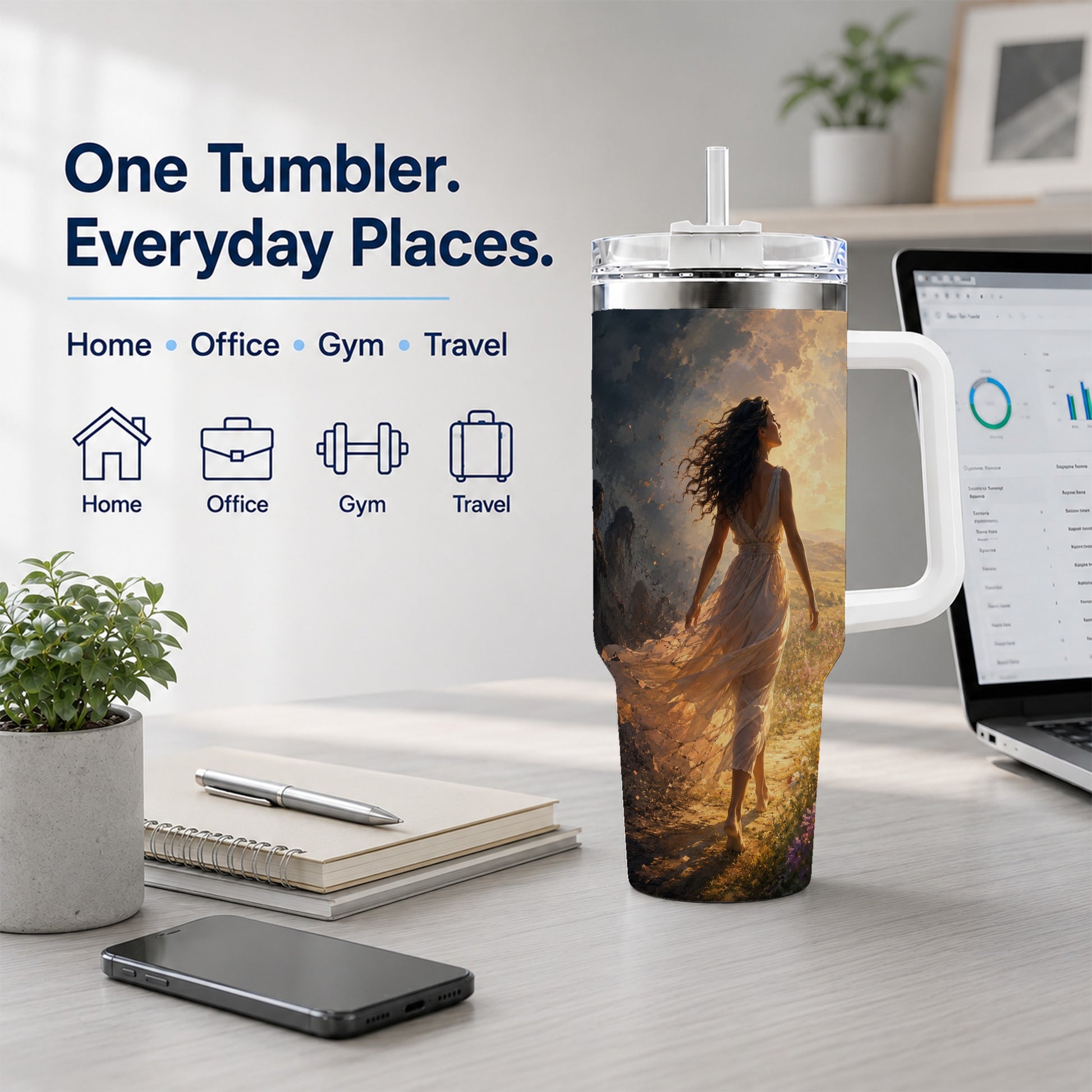 #pl[40oz|White] Into the Light 40oz Tumbler with Handle, Hopeful Journey Art