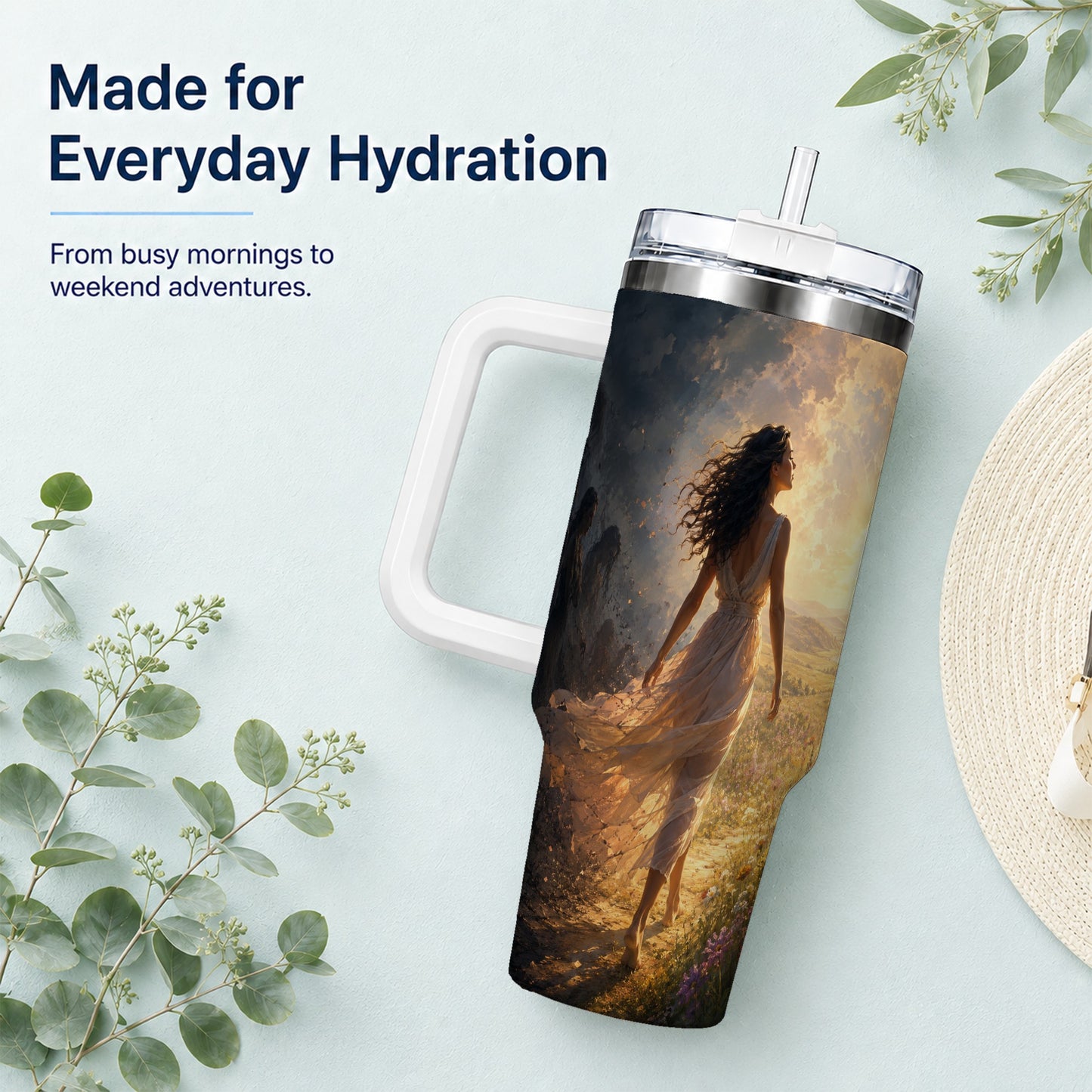 #pl[40oz|White] Into the Light 40oz Tumbler with Handle, Hopeful Journey Art