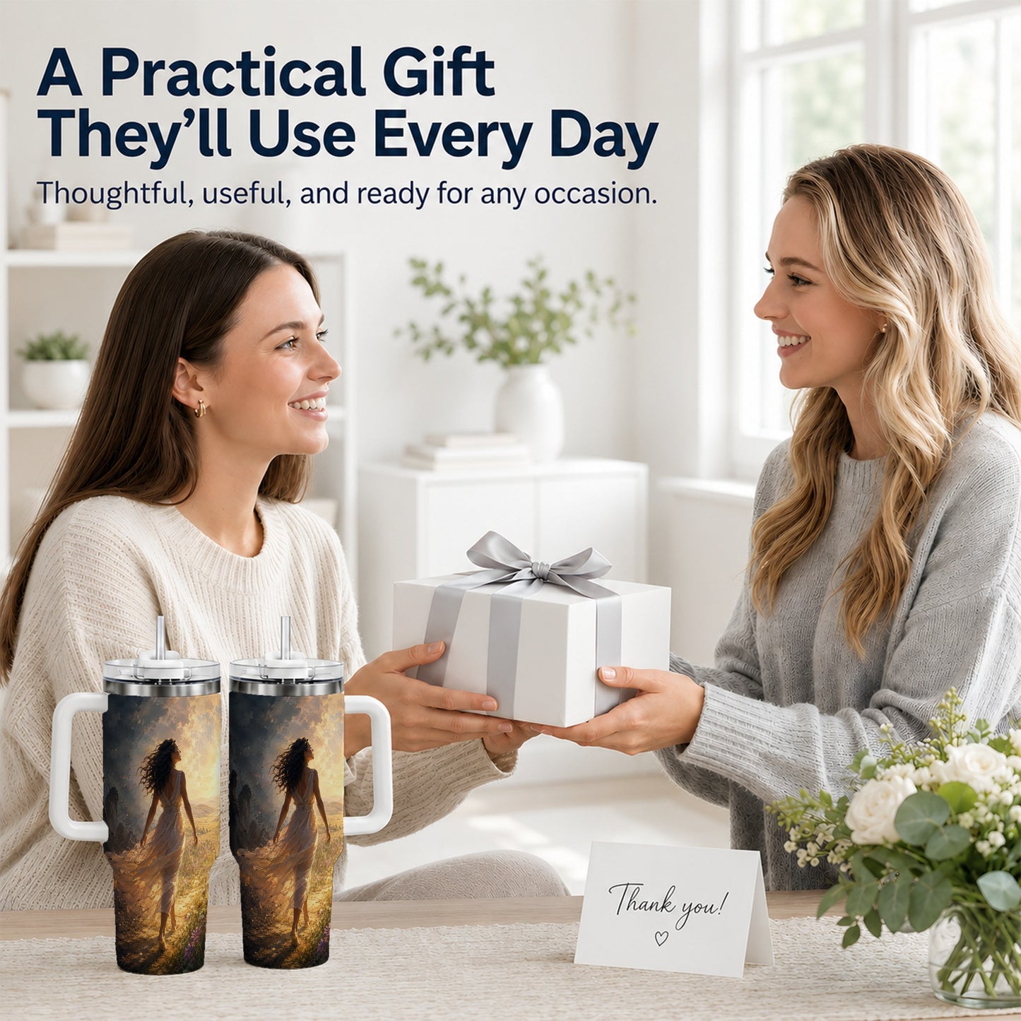 #pl[40oz|White] Into the Light 40oz Tumbler with Handle, Hopeful Journey Art