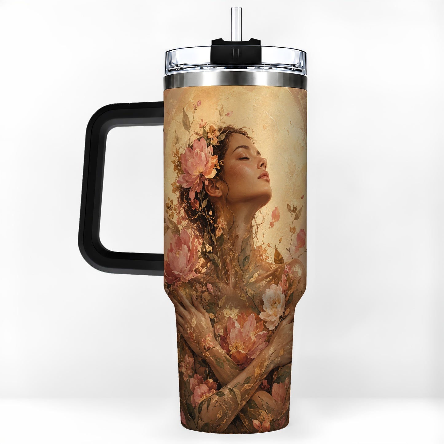 #pl[40oz|Black] Floral Woman 40oz Tumbler with Handle, Botanical Portrait Art