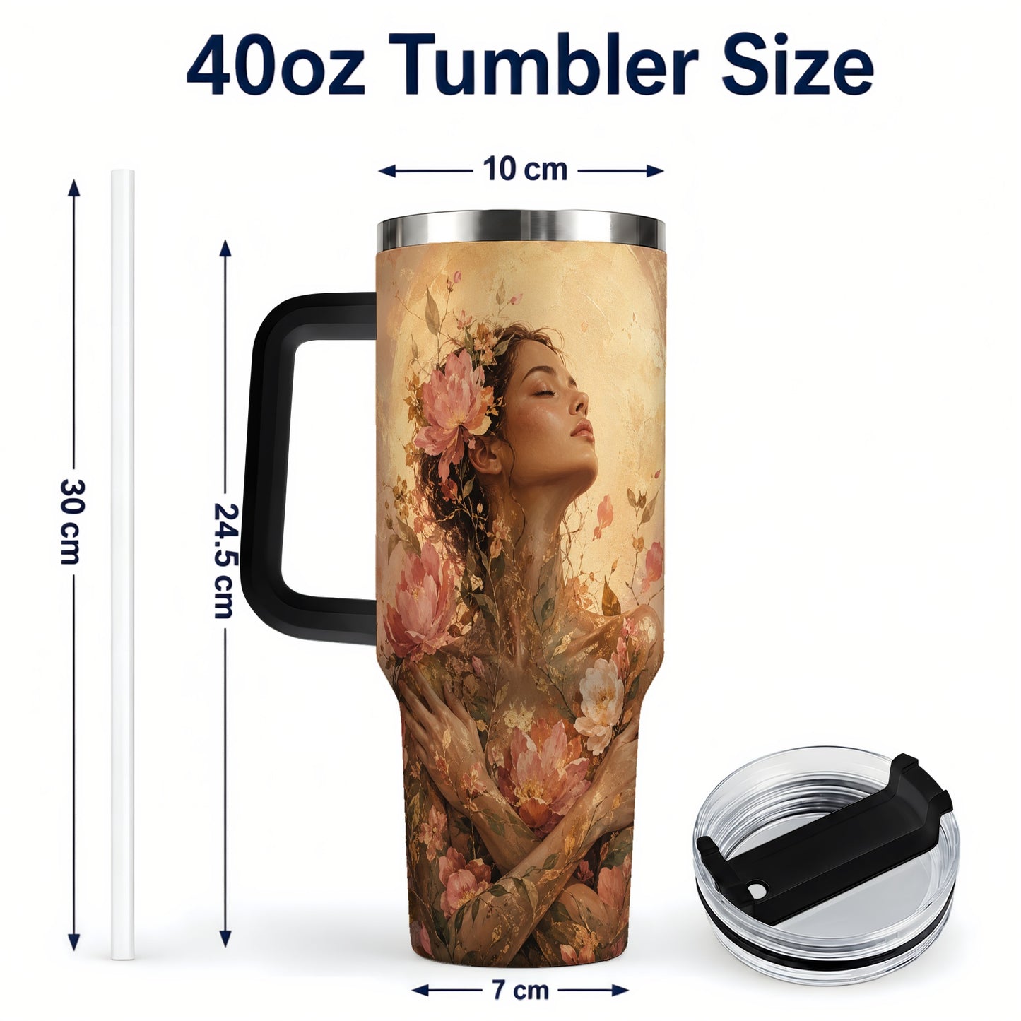 #pl[40oz|Black] Floral Woman 40oz Tumbler with Handle, Botanical Portrait Art