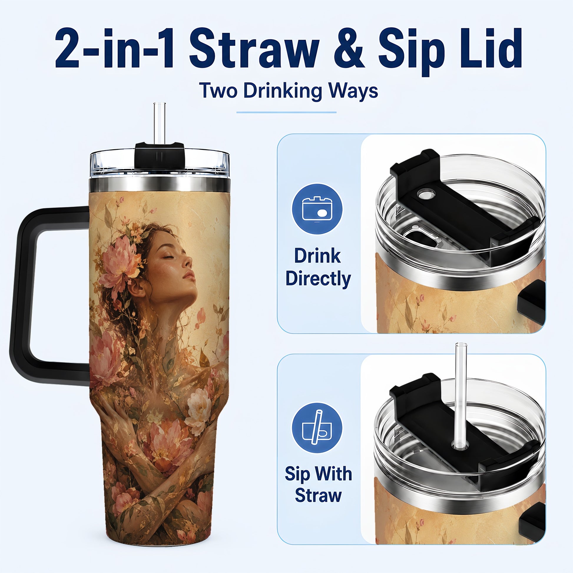#pl[40oz|Black] Floral Woman 40oz Tumbler with Handle, Botanical Portrait Art