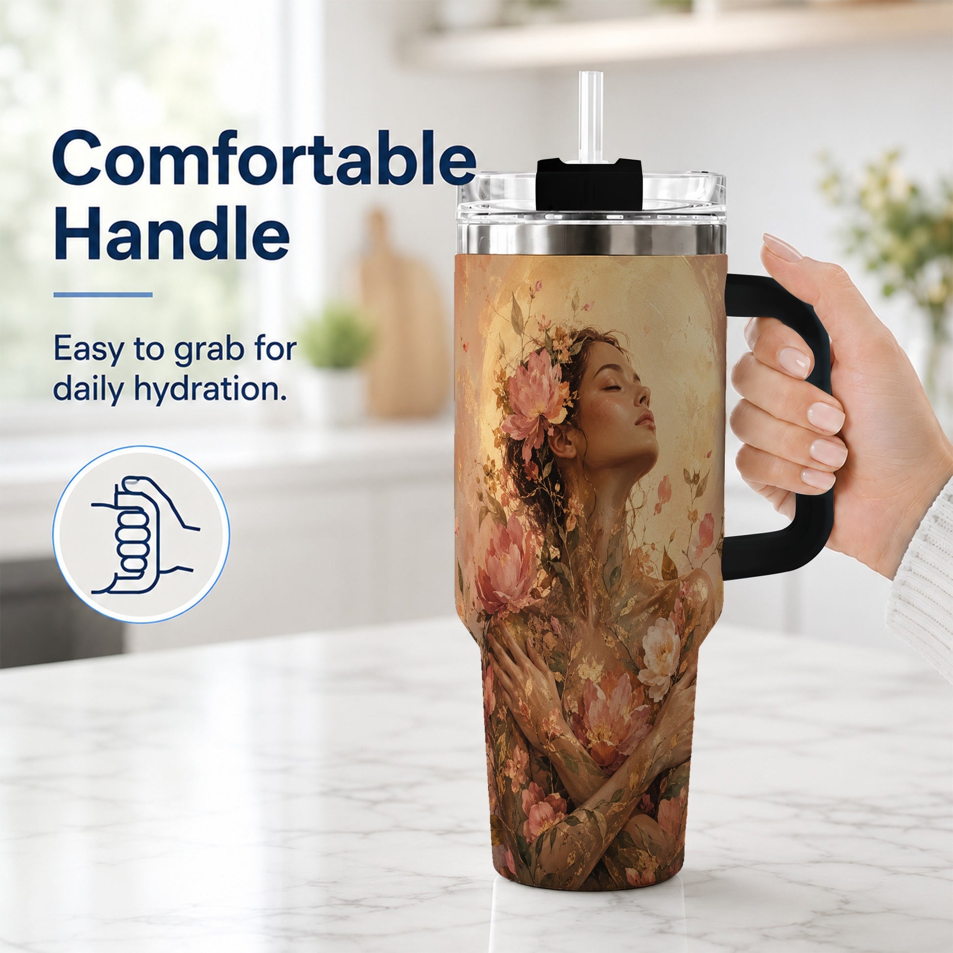 #pl[40oz|Black] Floral Woman 40oz Tumbler with Handle, Botanical Portrait Art
