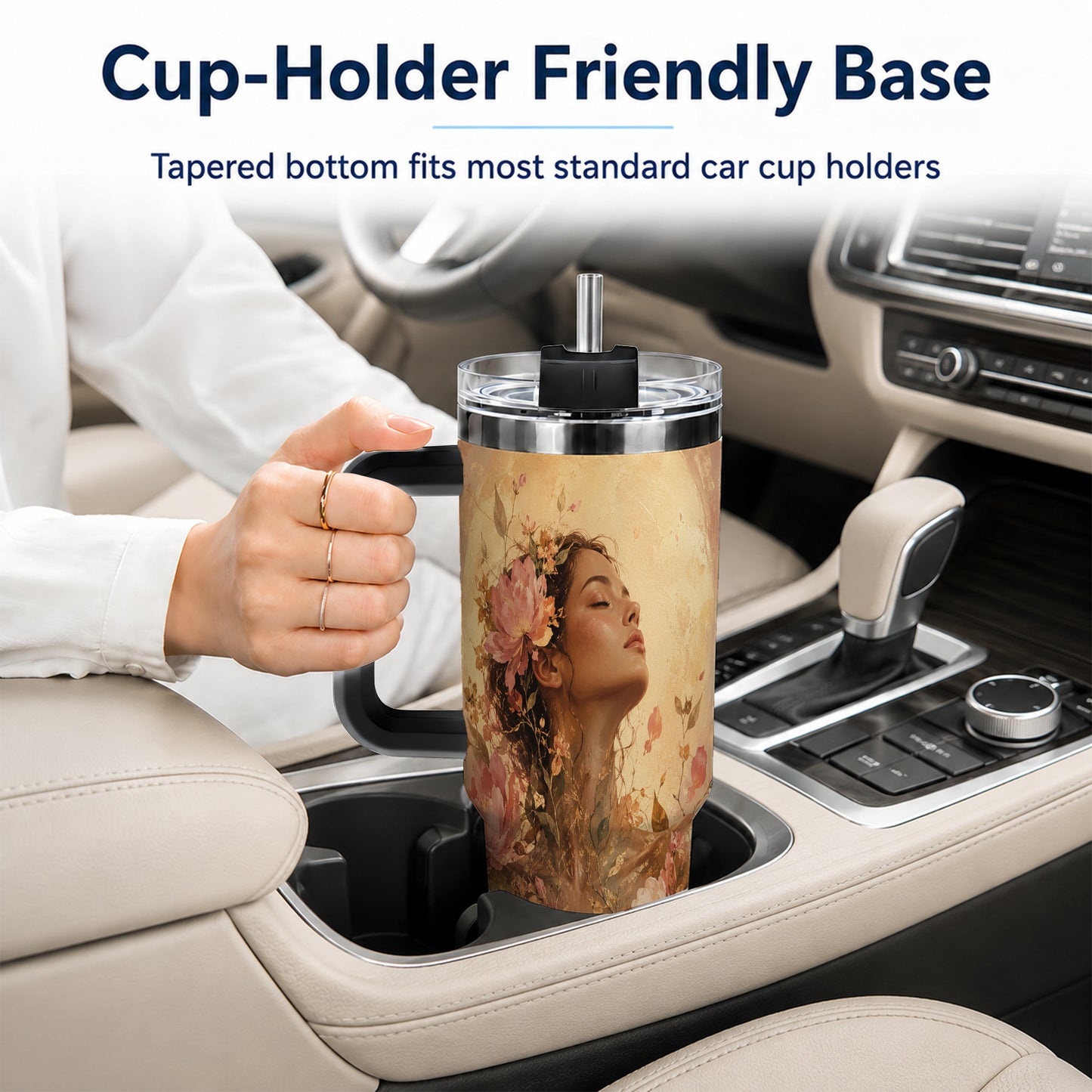 #pl[40oz|Black] Floral Woman 40oz Tumbler with Handle, Botanical Portrait Art