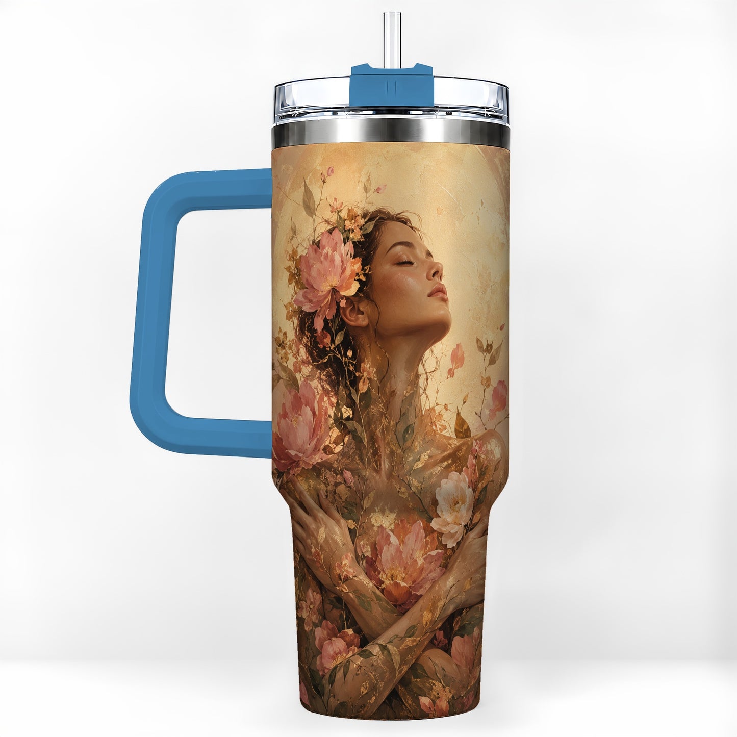 #pl[40oz|Blue] Floral Woman 40oz Tumbler with Handle, Botanical Portrait Art