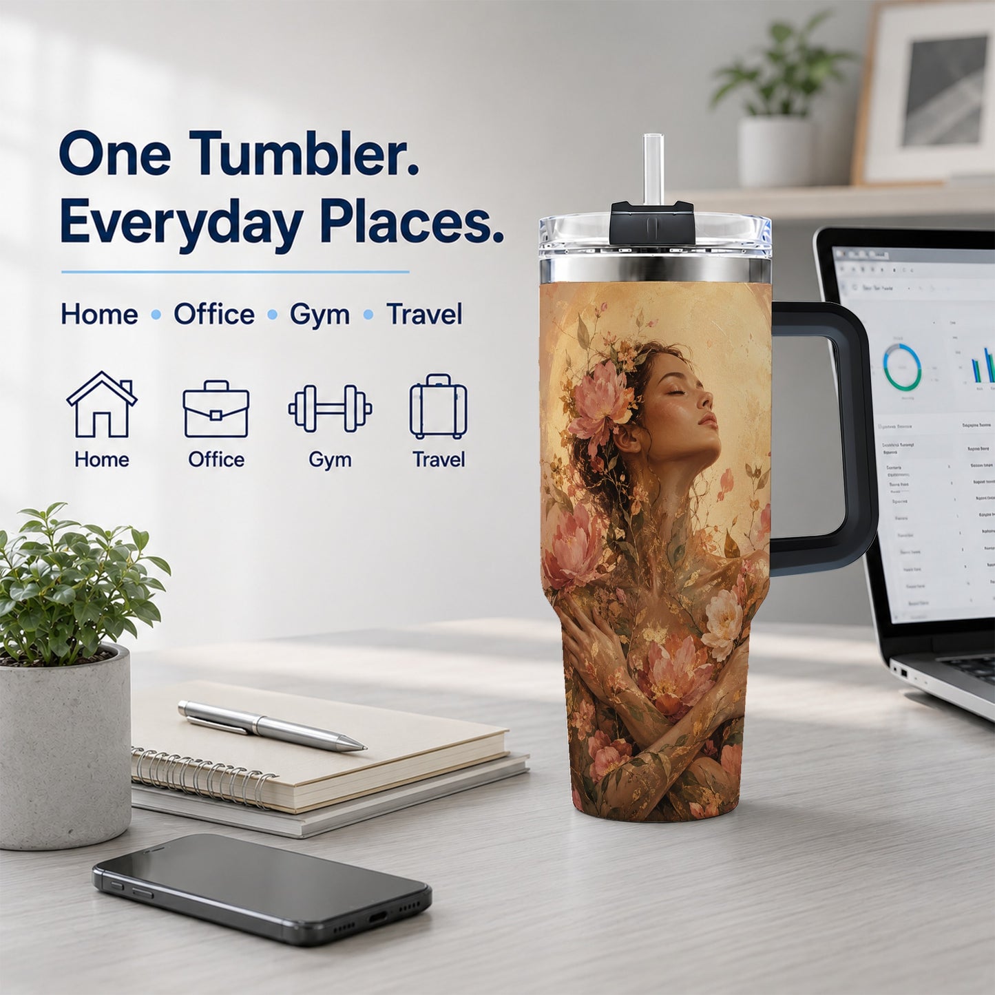 #pl[40oz|Black] Floral Woman 40oz Tumbler with Handle, Botanical Portrait Art