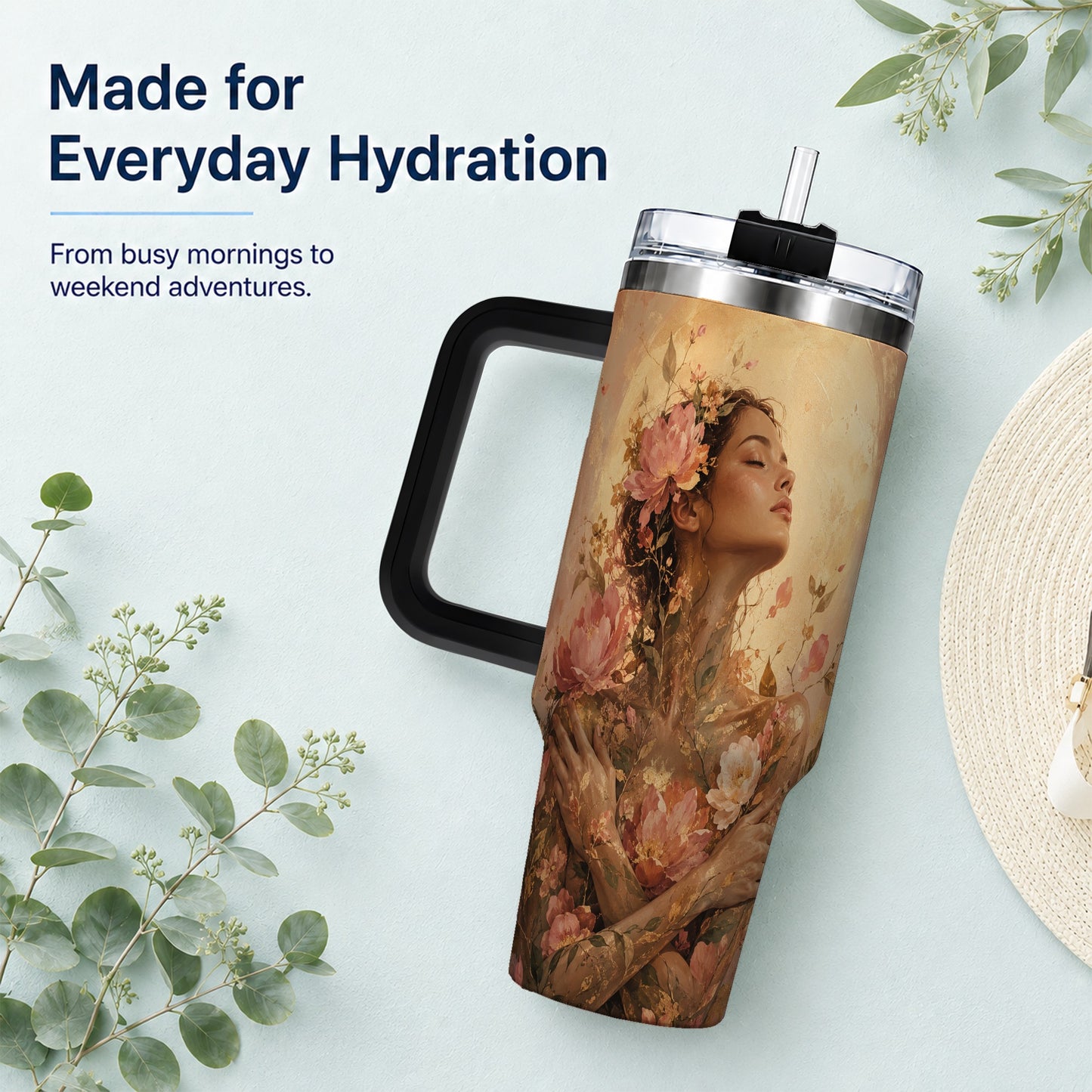 #pl[40oz|Black] Floral Woman 40oz Tumbler with Handle, Botanical Portrait Art
