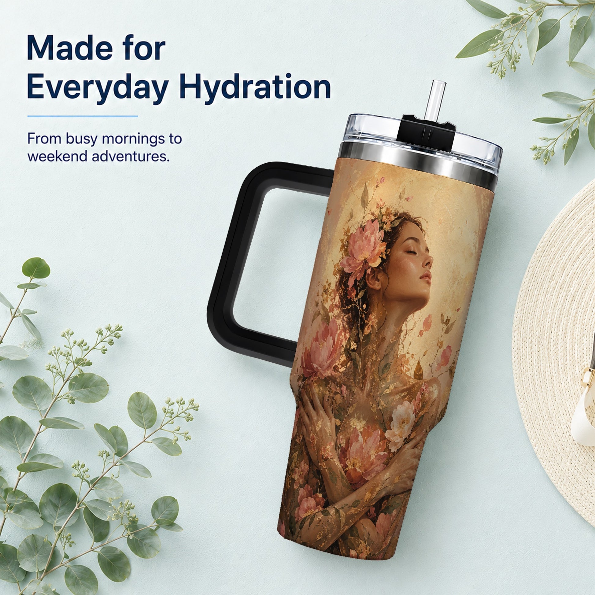 #pl[40oz|Black] Floral Woman 40oz Tumbler with Handle, Botanical Portrait Art