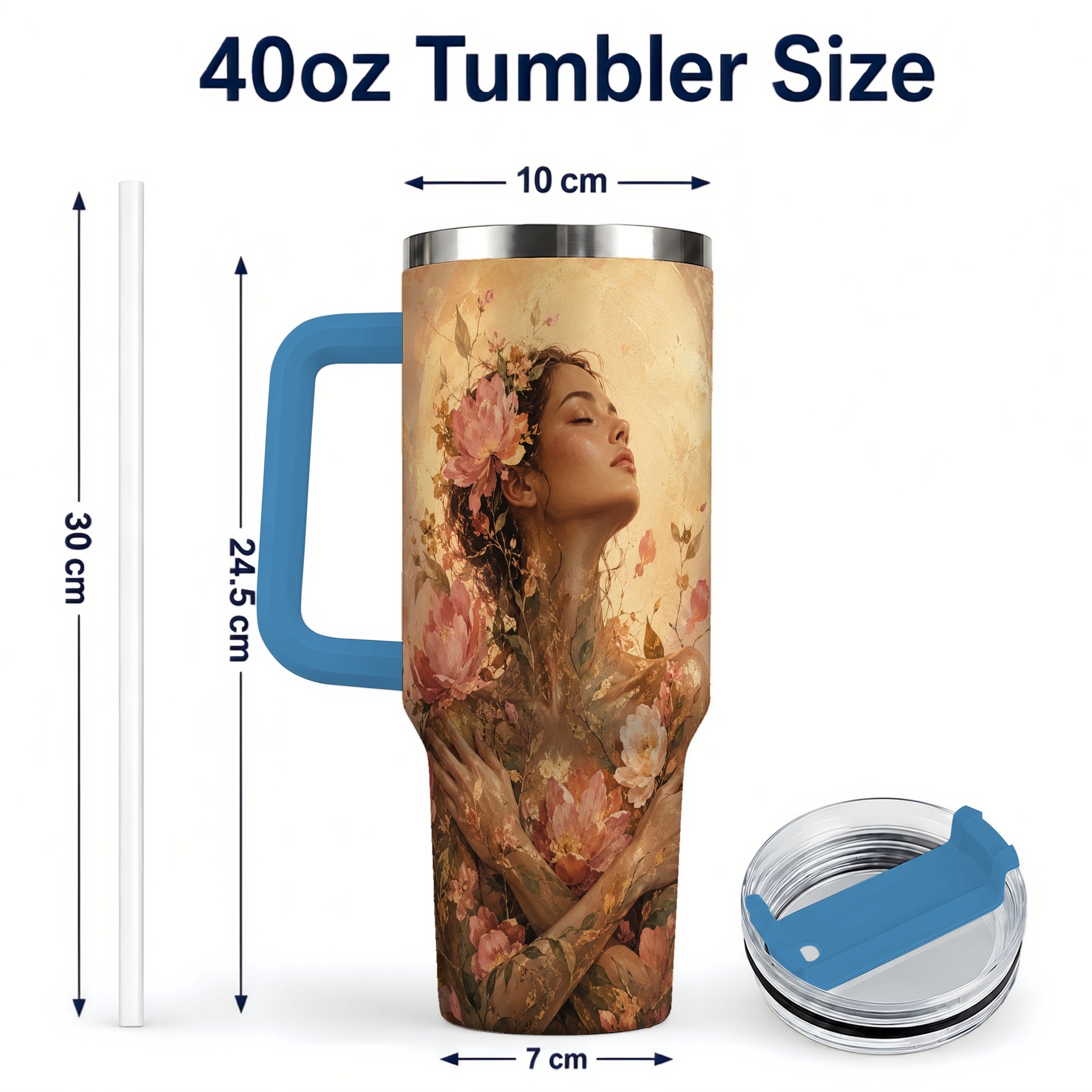 #pl[40oz|Blue] Floral Woman 40oz Tumbler with Handle, Botanical Portrait Art