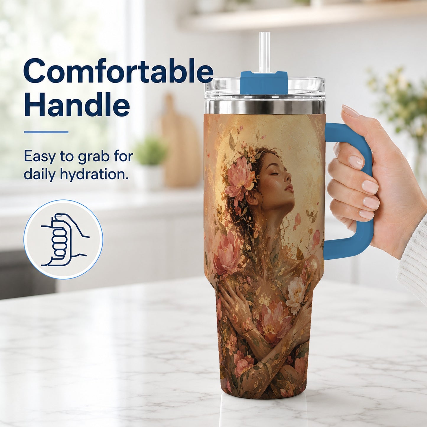 #pl[40oz|Blue] Floral Woman 40oz Tumbler with Handle, Botanical Portrait Art