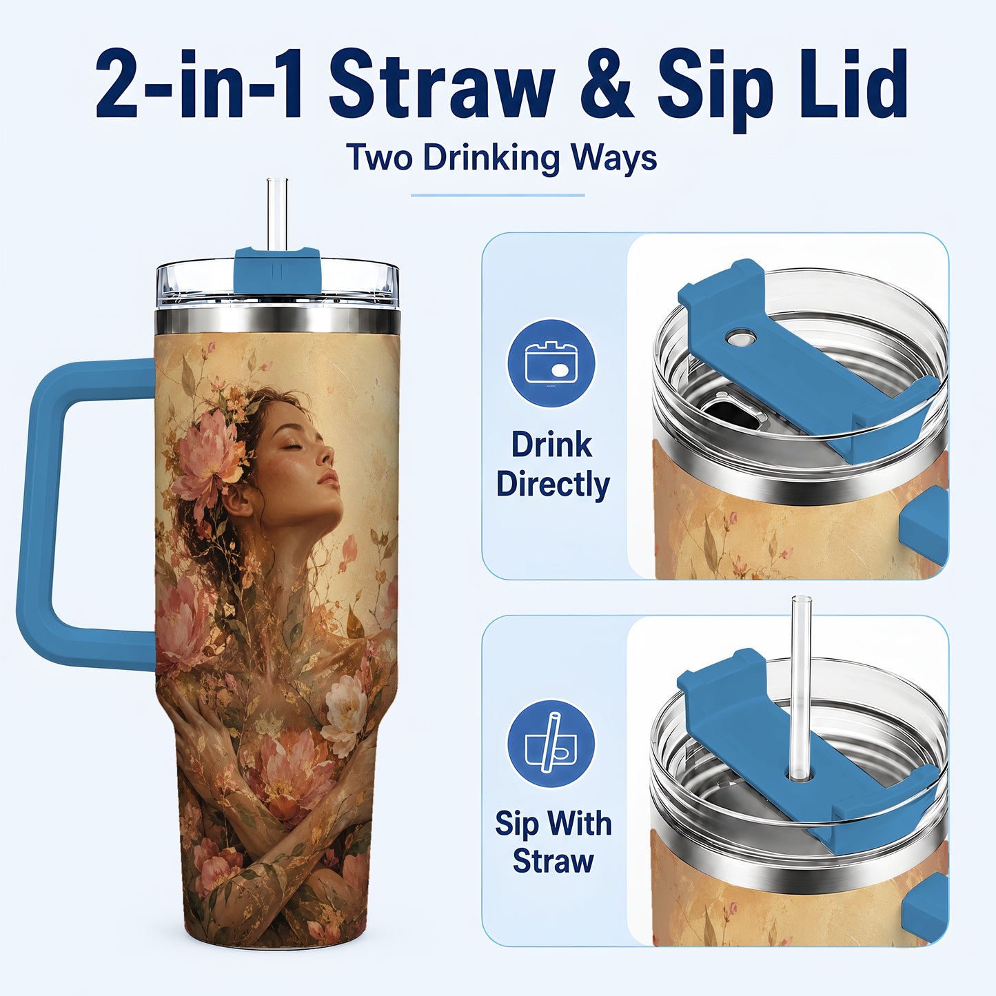 #pl[40oz|Blue] Floral Woman 40oz Tumbler with Handle, Botanical Portrait Art
