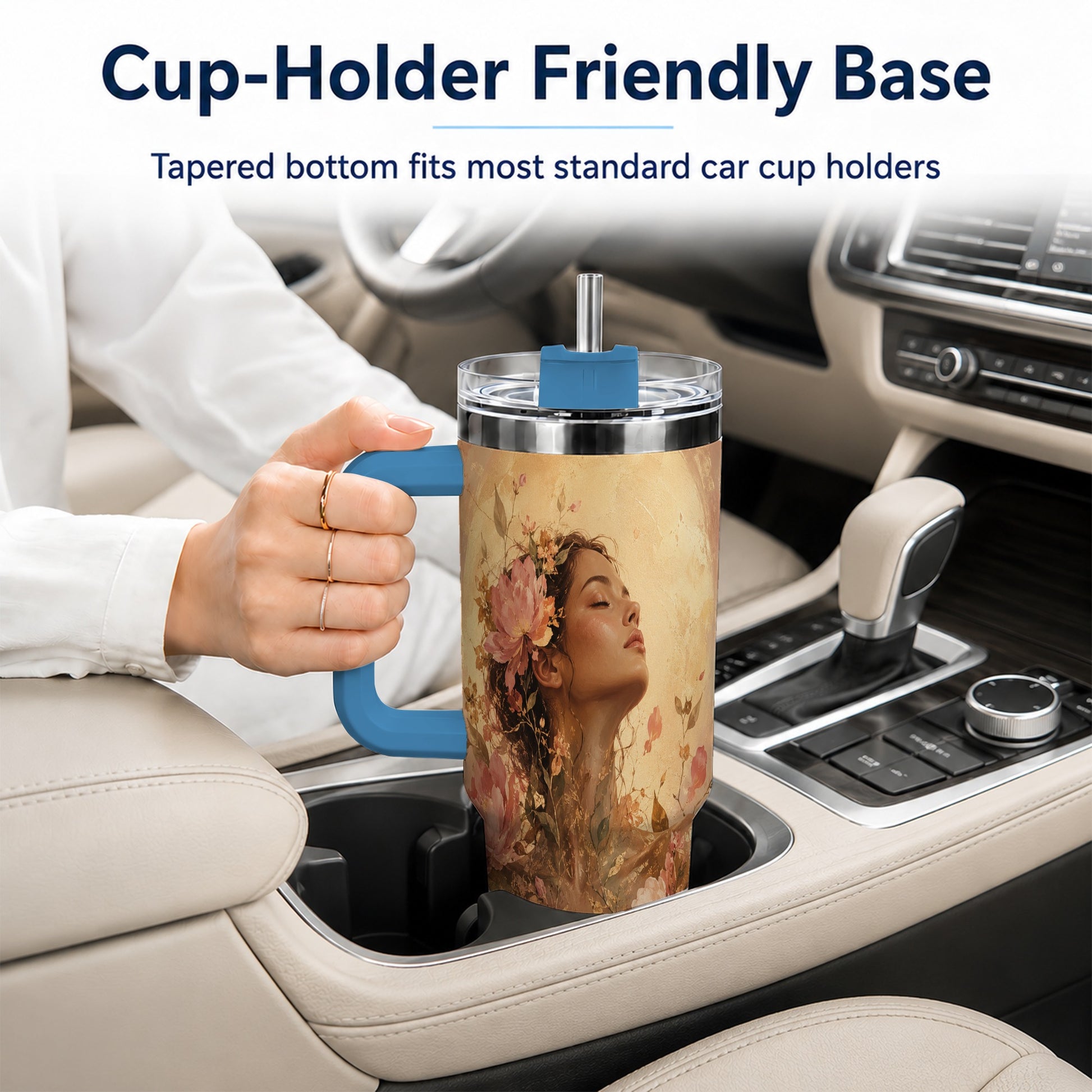 #pl[40oz|Blue] Floral Woman 40oz Tumbler with Handle, Botanical Portrait Art