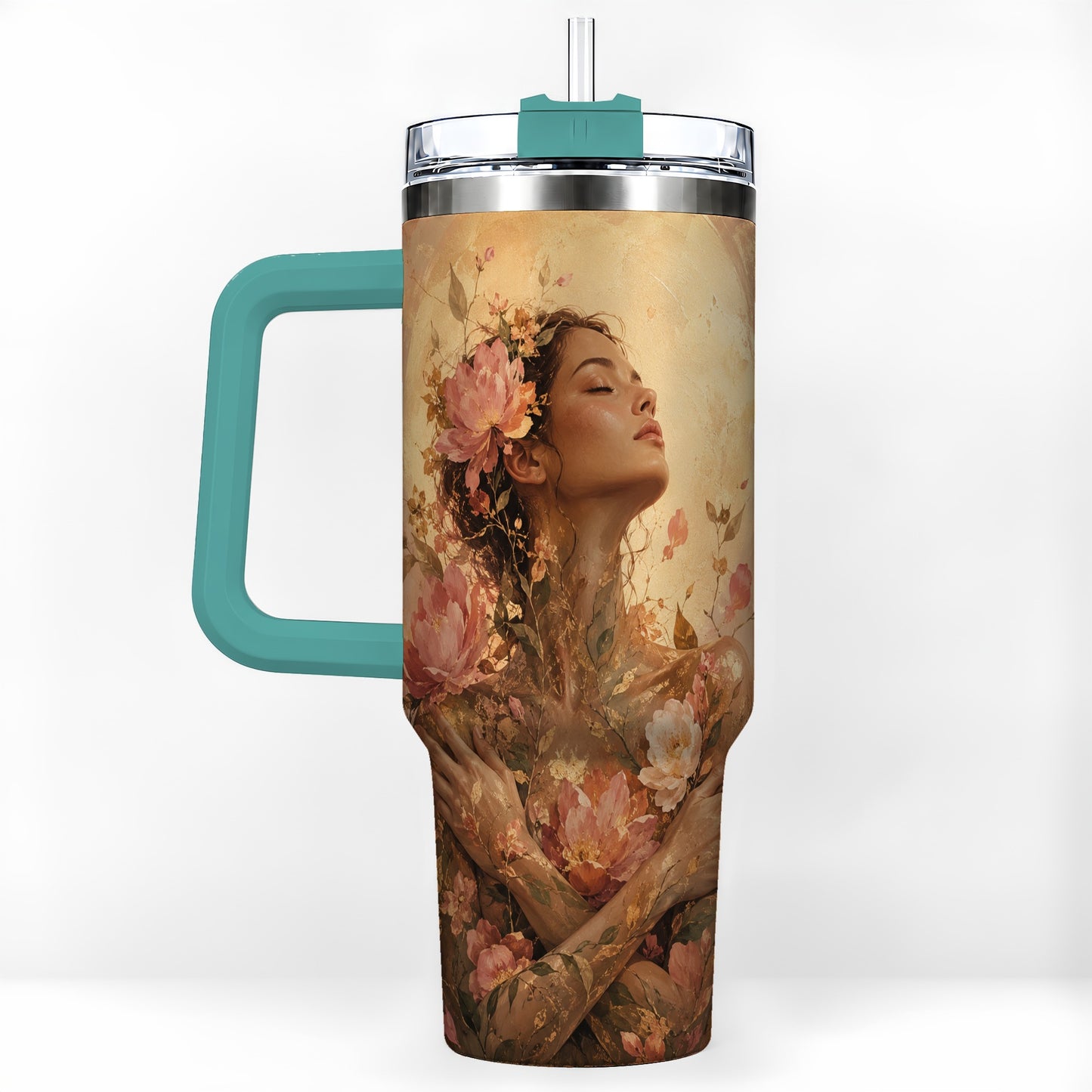 #pl[40oz|Green] Floral Woman 40oz Tumbler with Handle, Botanical Portrait Art