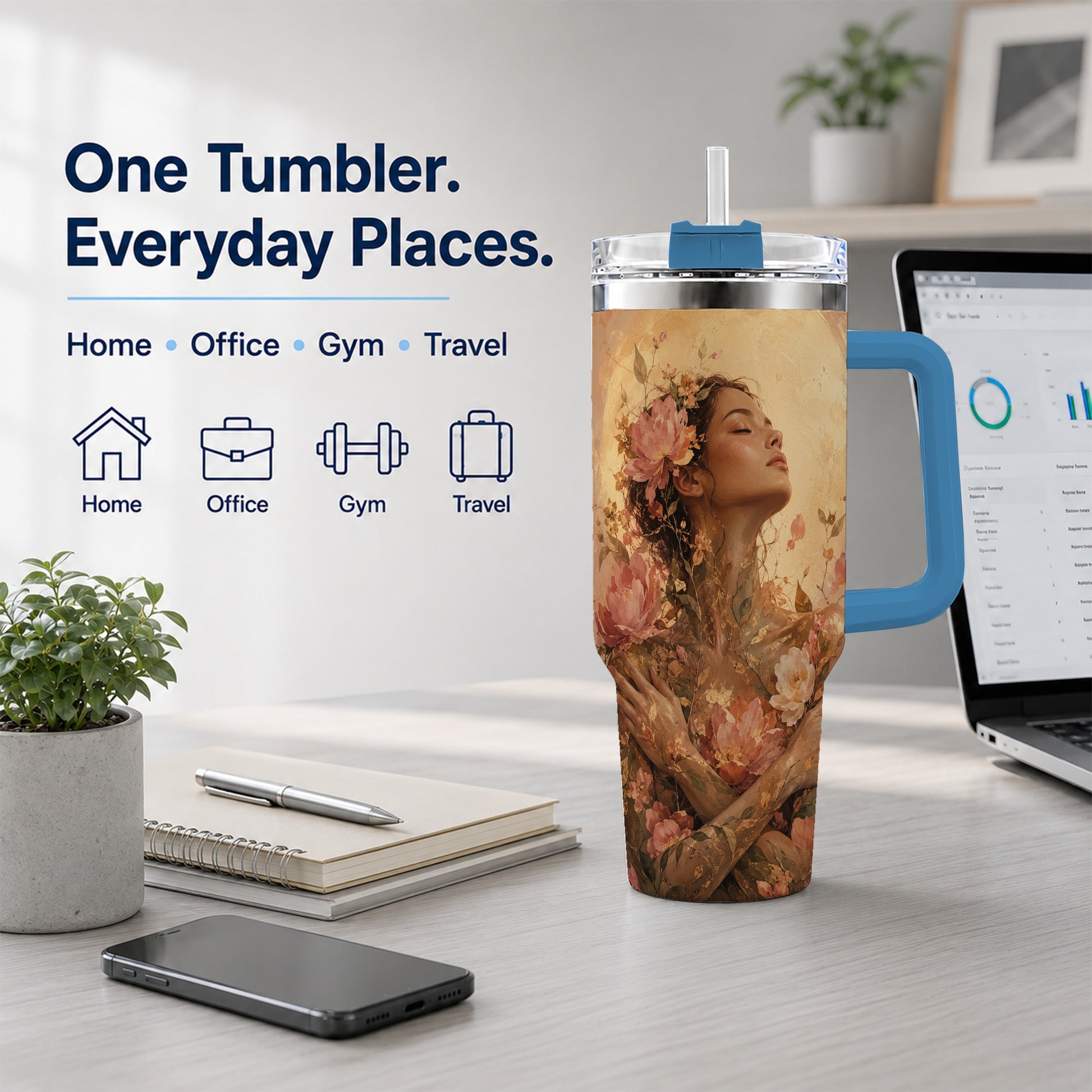 #pl[40oz|Blue] Floral Woman 40oz Tumbler with Handle, Botanical Portrait Art