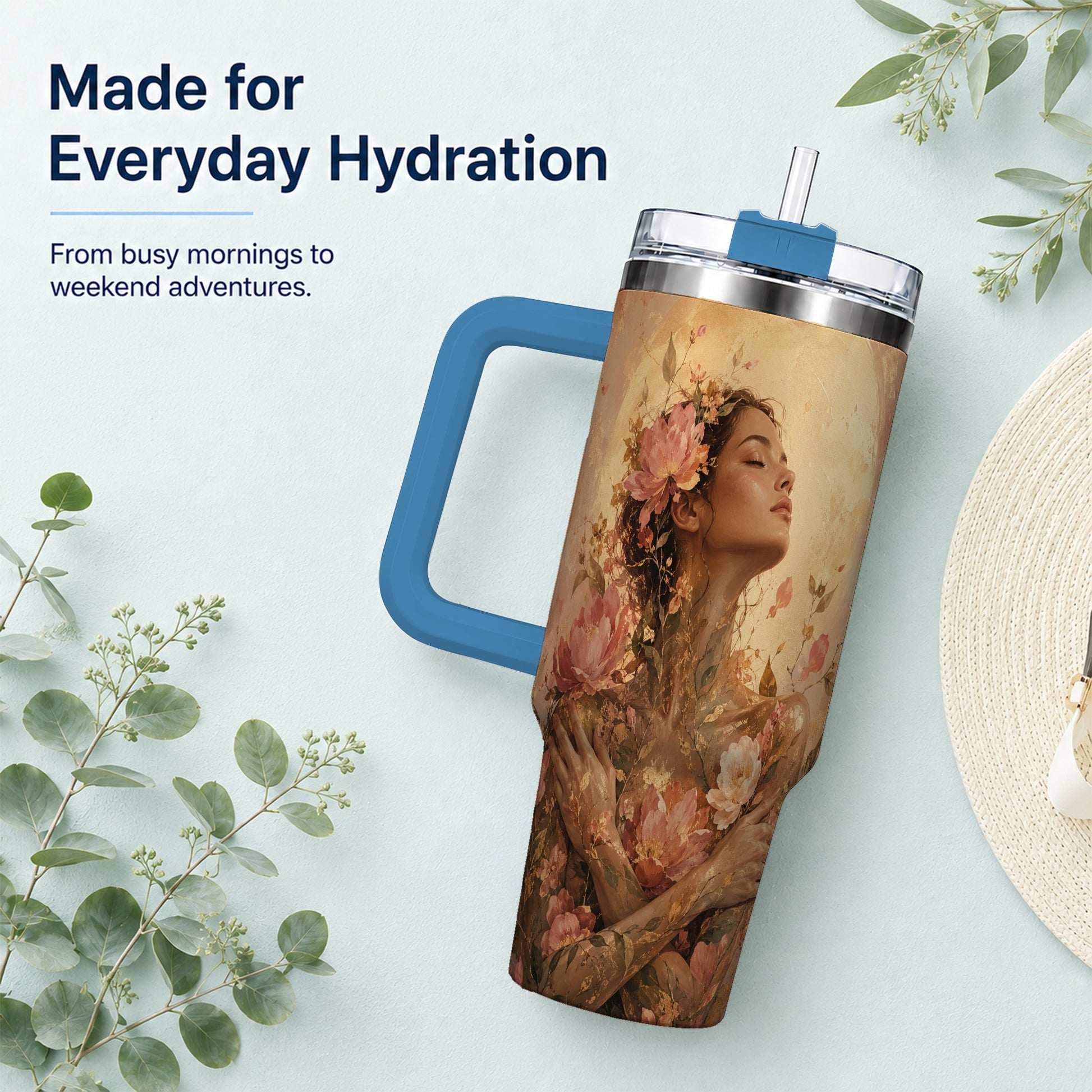 #pl[40oz|Blue] Floral Woman 40oz Tumbler with Handle, Botanical Portrait Art