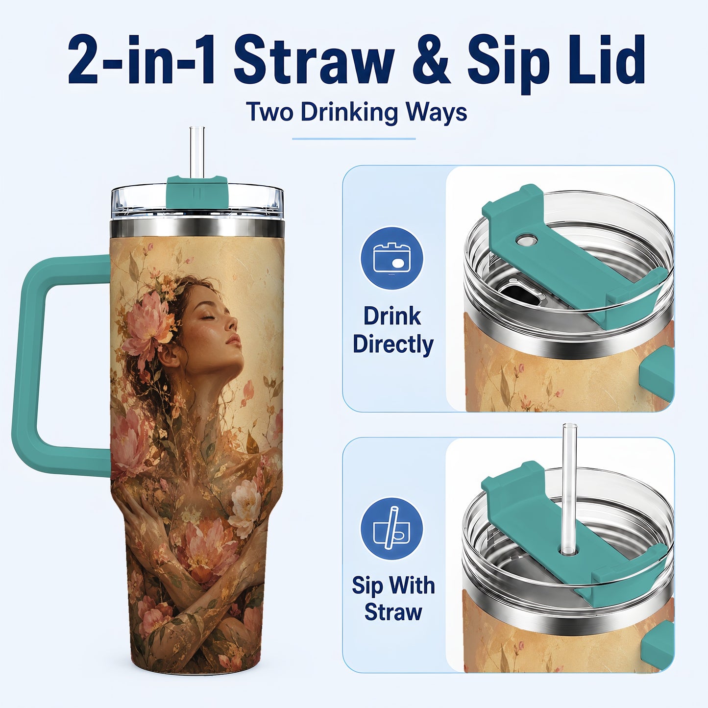 #pl[40oz|Green] Floral Woman 40oz Tumbler with Handle, Botanical Portrait Art