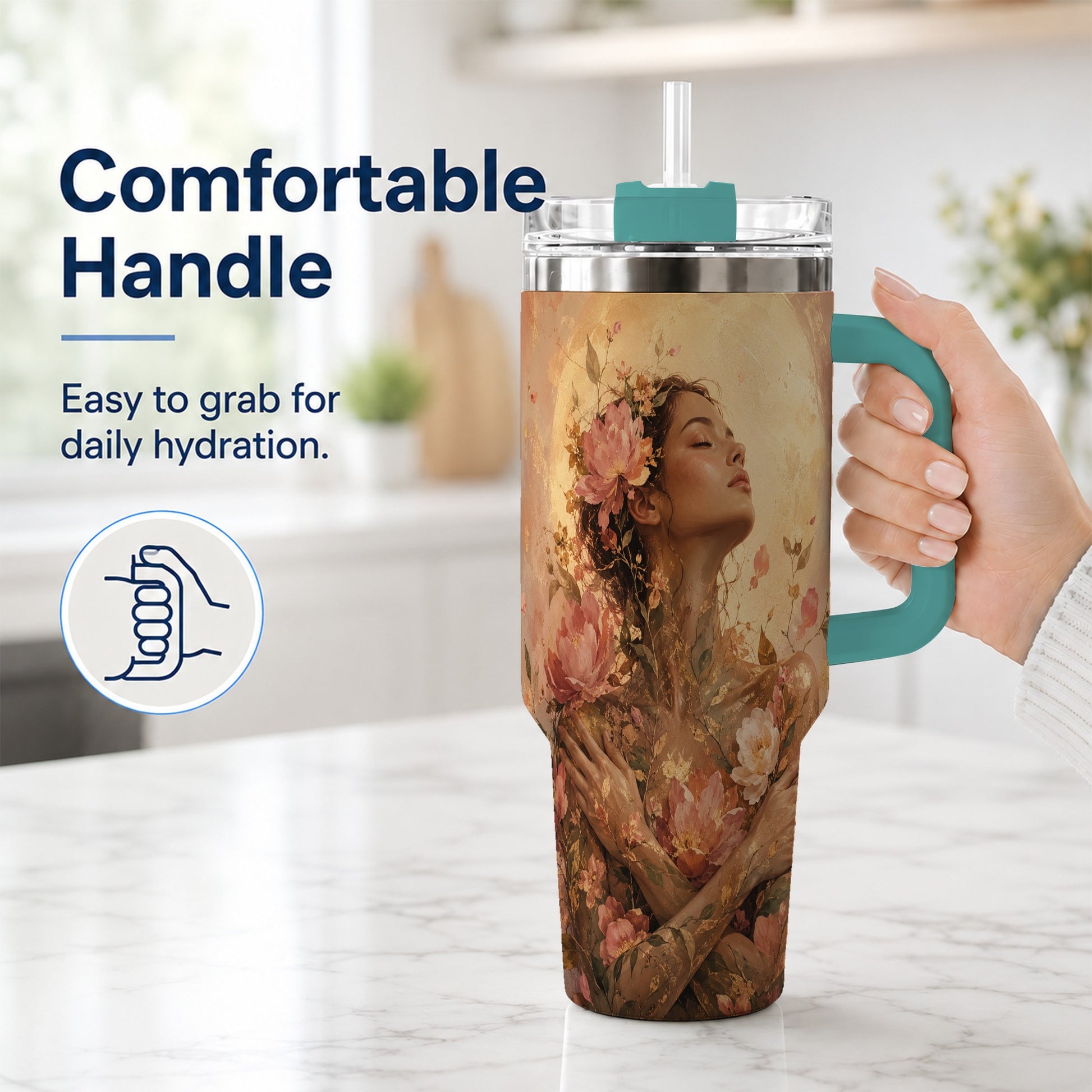 #pl[40oz|Green] Floral Woman 40oz Tumbler with Handle, Botanical Portrait Art