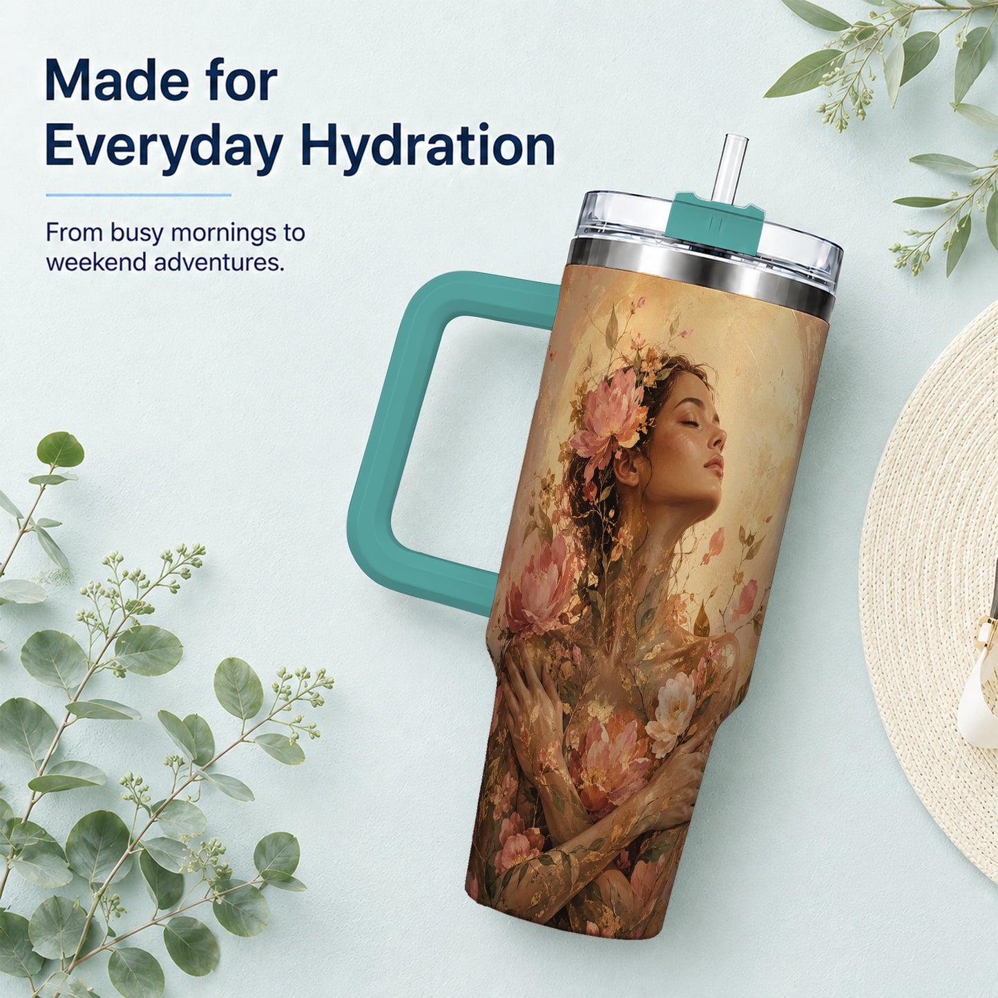 #pl[40oz|Green] Floral Woman 40oz Tumbler with Handle, Botanical Portrait Art