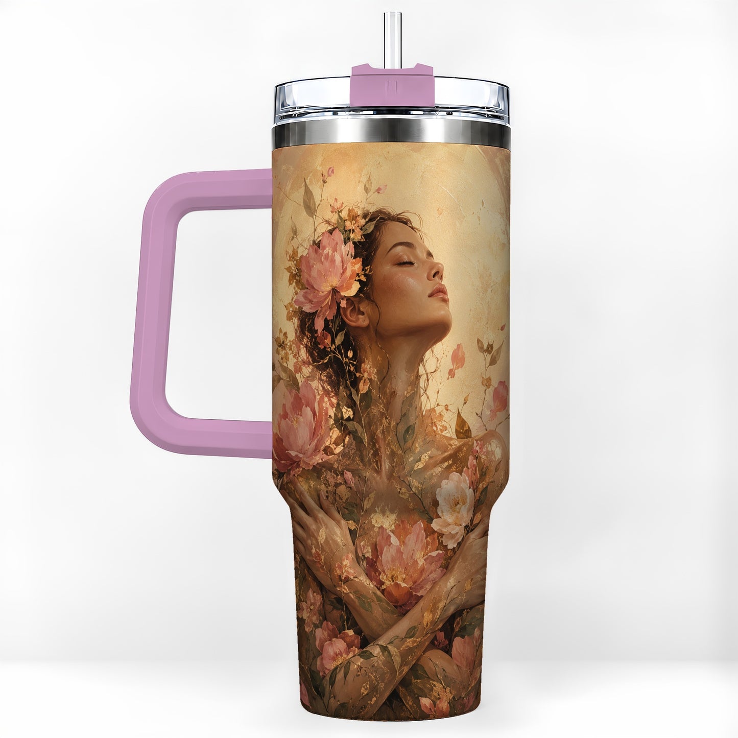 #pl[40oz|Pink] Floral Woman 40oz Tumbler with Handle, Botanical Portrait Art