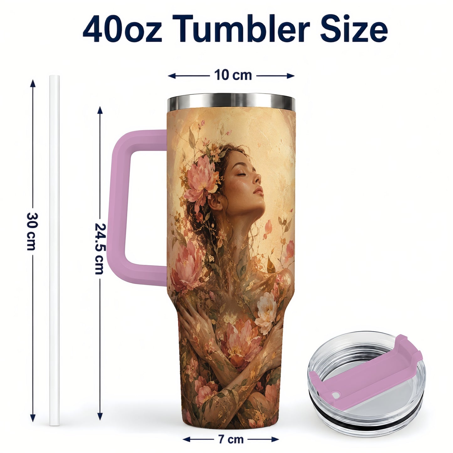 #pl[40oz|Pink] Floral Woman 40oz Tumbler with Handle, Botanical Portrait Art