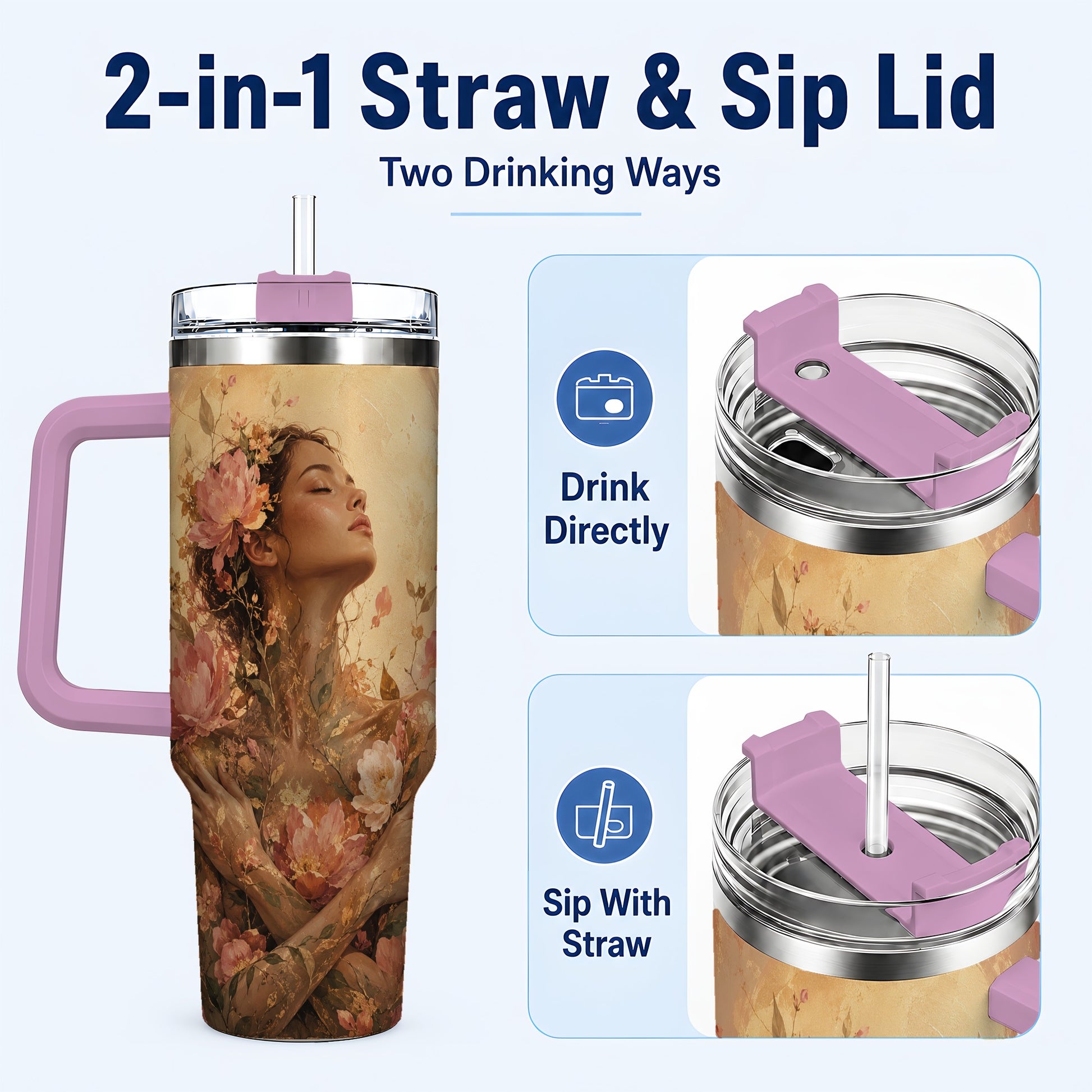 #pl[40oz|Pink] Floral Woman 40oz Tumbler with Handle, Botanical Portrait Art