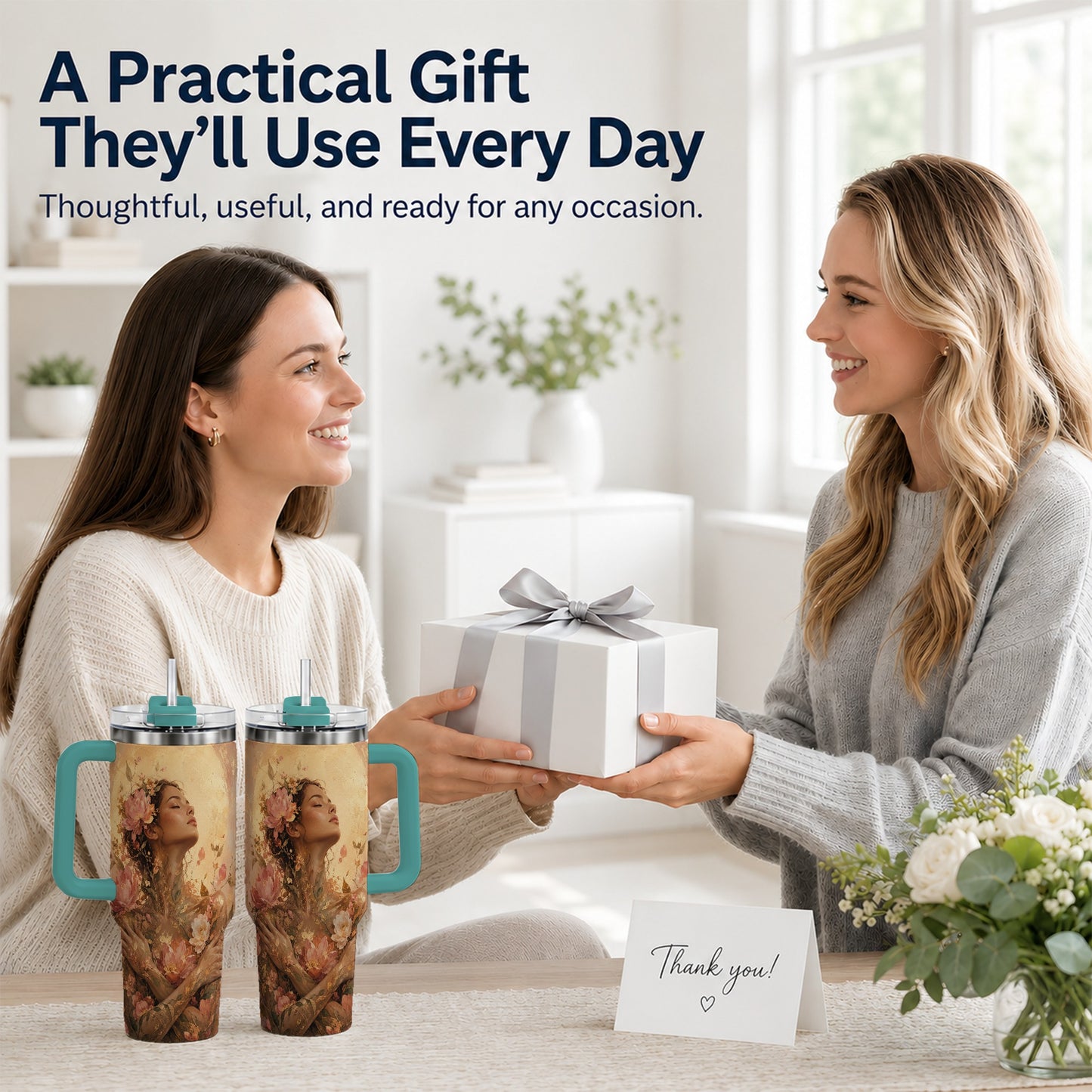 #pl[40oz|Green] Floral Woman 40oz Tumbler with Handle, Botanical Portrait Art