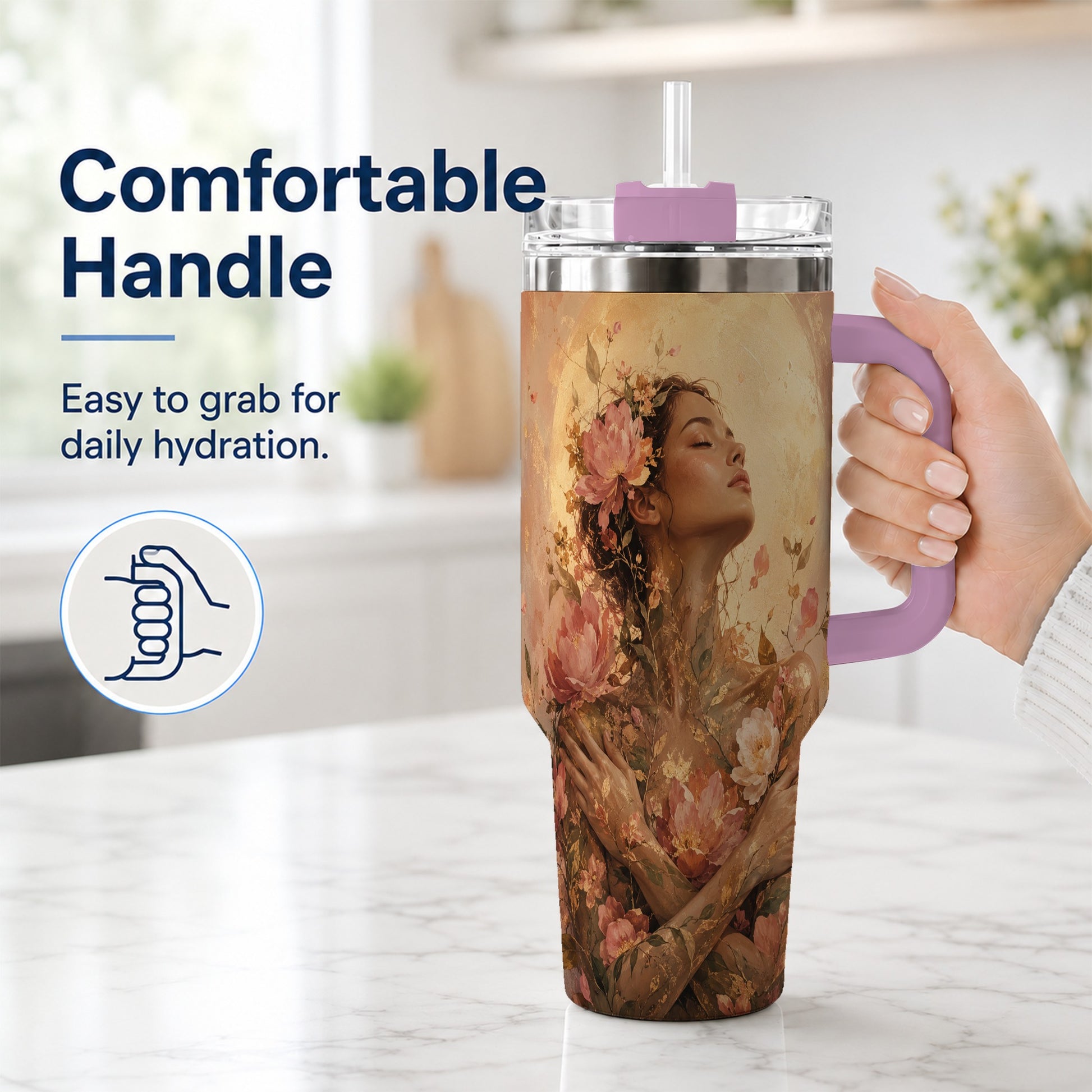 #pl[40oz|Pink] Floral Woman 40oz Tumbler with Handle, Botanical Portrait Art