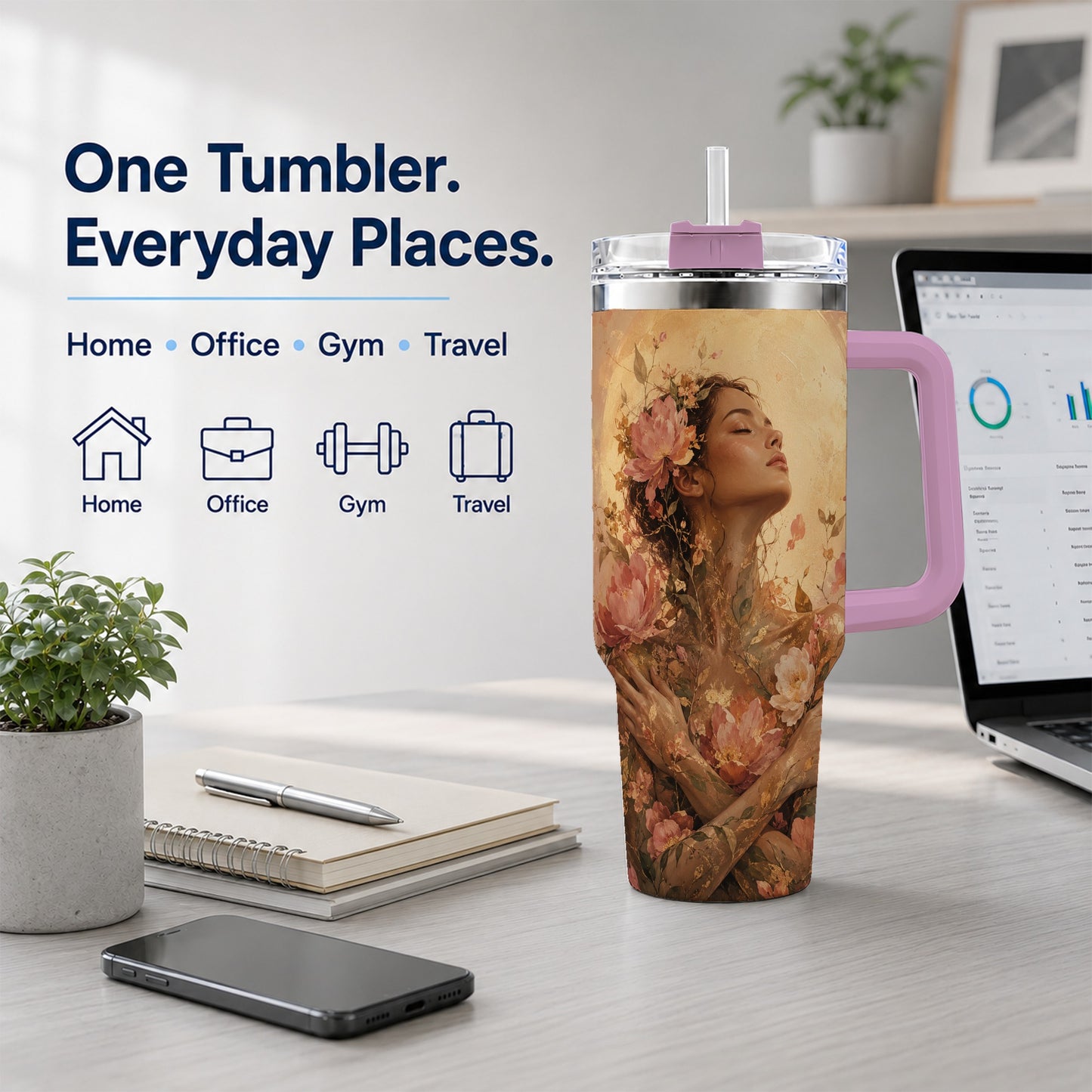 #pl[40oz|Pink] Floral Woman 40oz Tumbler with Handle, Botanical Portrait Art