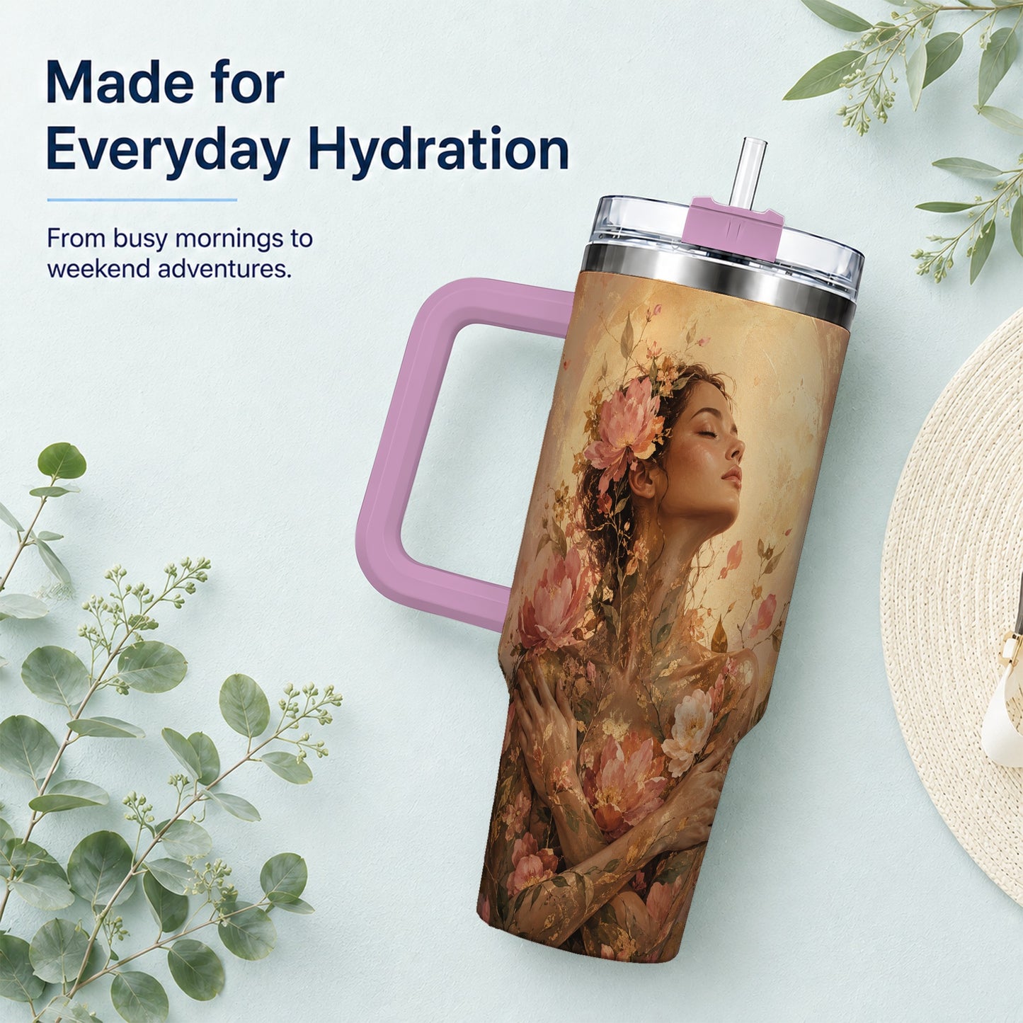 #pl[40oz|Pink] Floral Woman 40oz Tumbler with Handle, Botanical Portrait Art