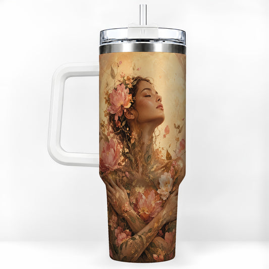 Floral Woman 40oz Tumbler with Handle, Botanical Portrait Art