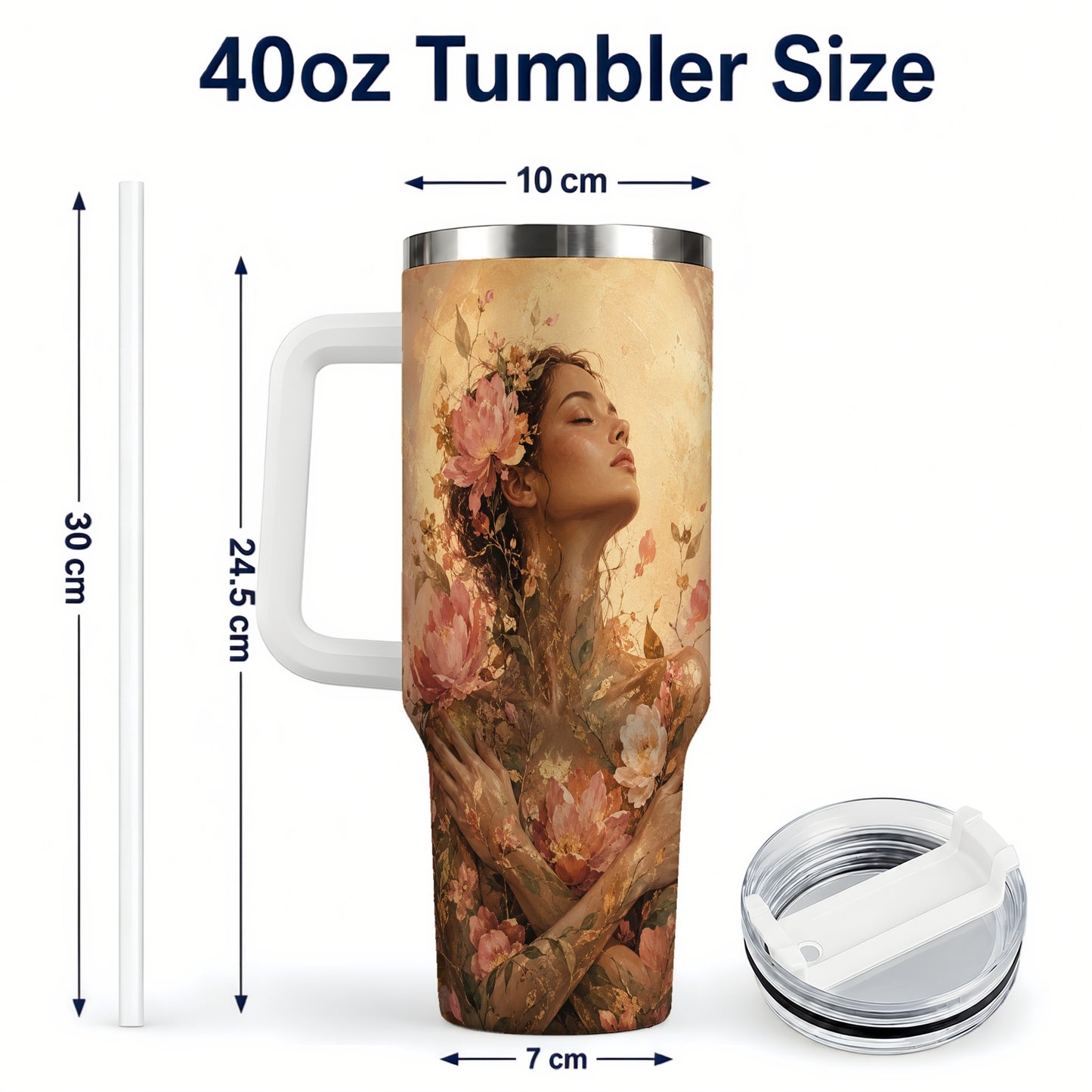 #pl[40oz|White] Floral Woman 40oz Tumbler with Handle, Botanical Portrait Art