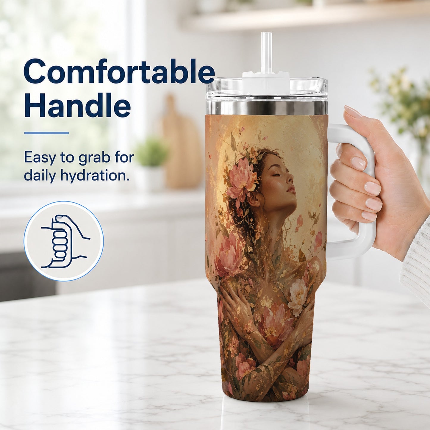 #pl[40oz|White] Floral Woman 40oz Tumbler with Handle, Botanical Portrait Art