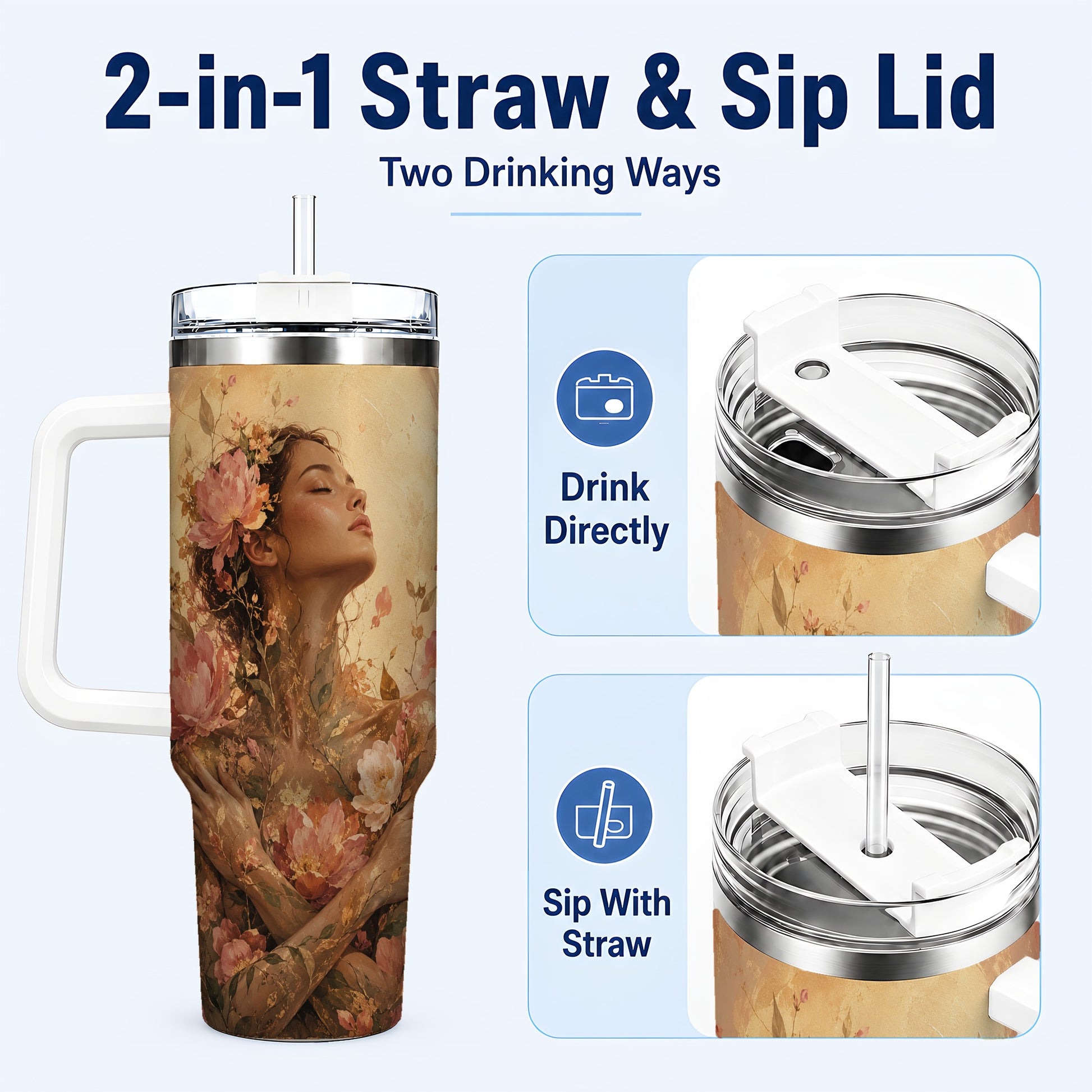 #pl[40oz|White] Floral Woman 40oz Tumbler with Handle, Botanical Portrait Art