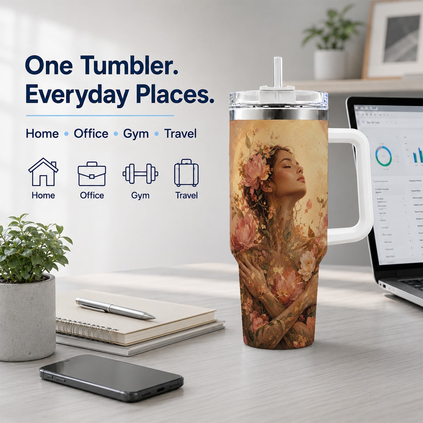 #pl[40oz|White] Floral Woman 40oz Tumbler with Handle, Botanical Portrait Art