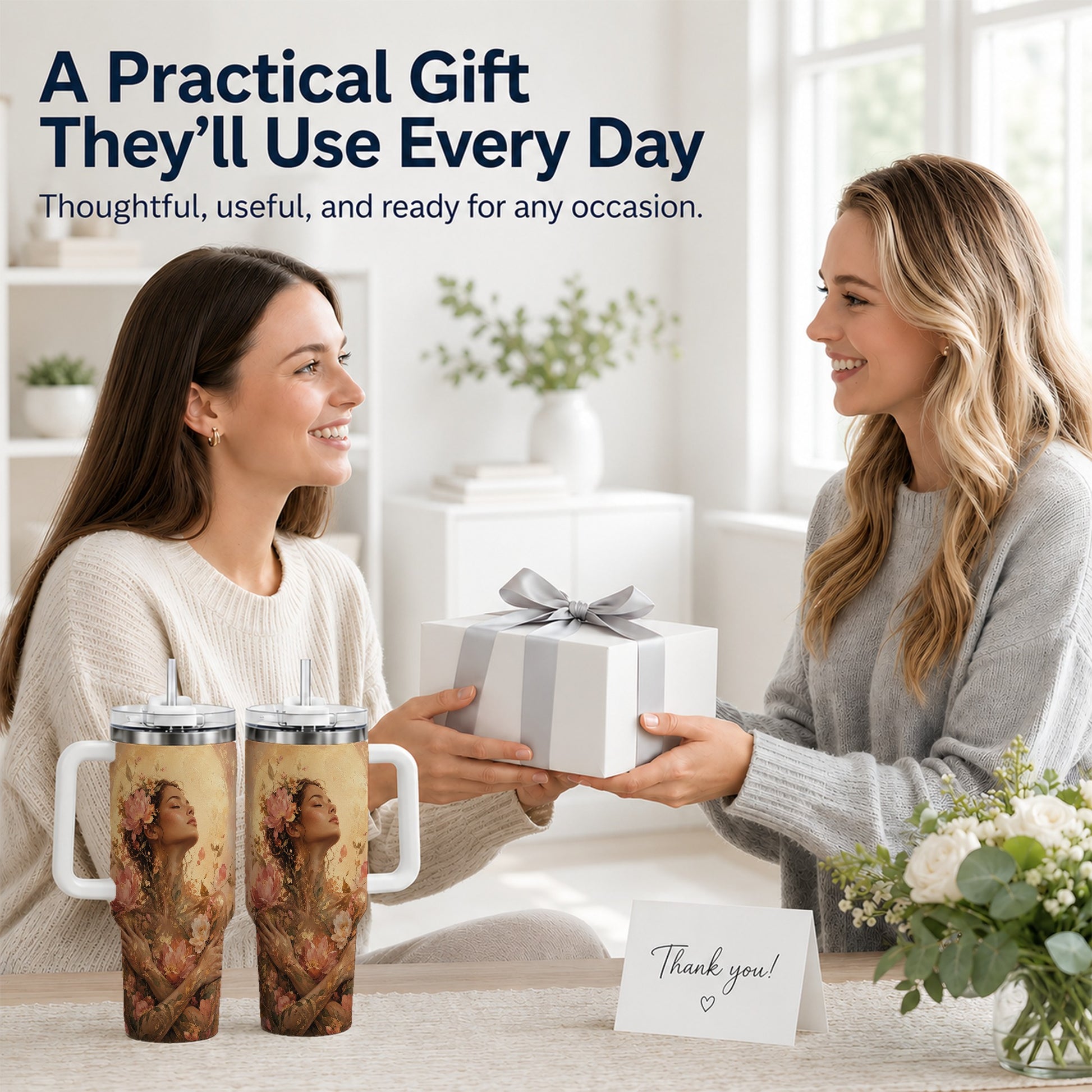 #pl[40oz|White] Floral Woman 40oz Tumbler with Handle, Botanical Portrait Art