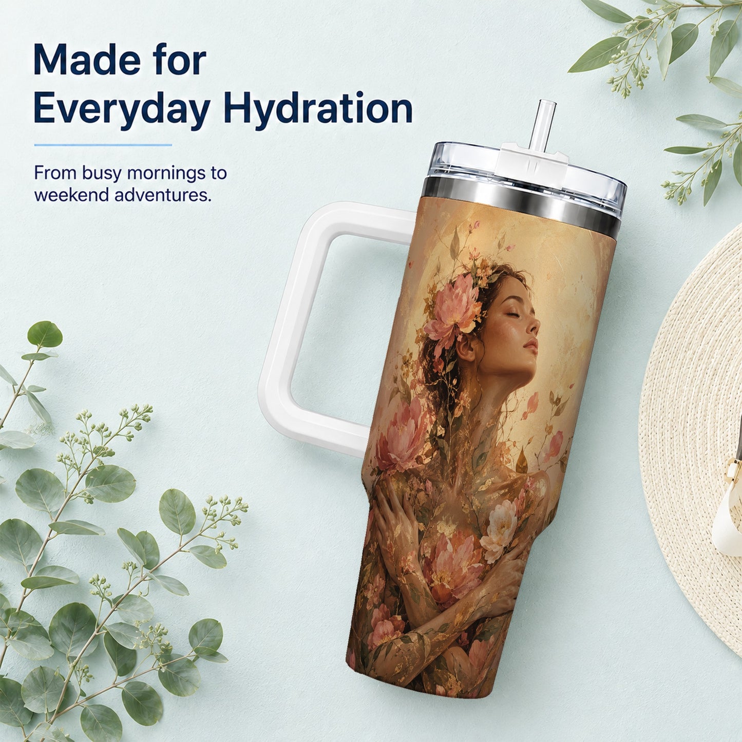 #pl[40oz|White] Floral Woman 40oz Tumbler with Handle, Botanical Portrait Art