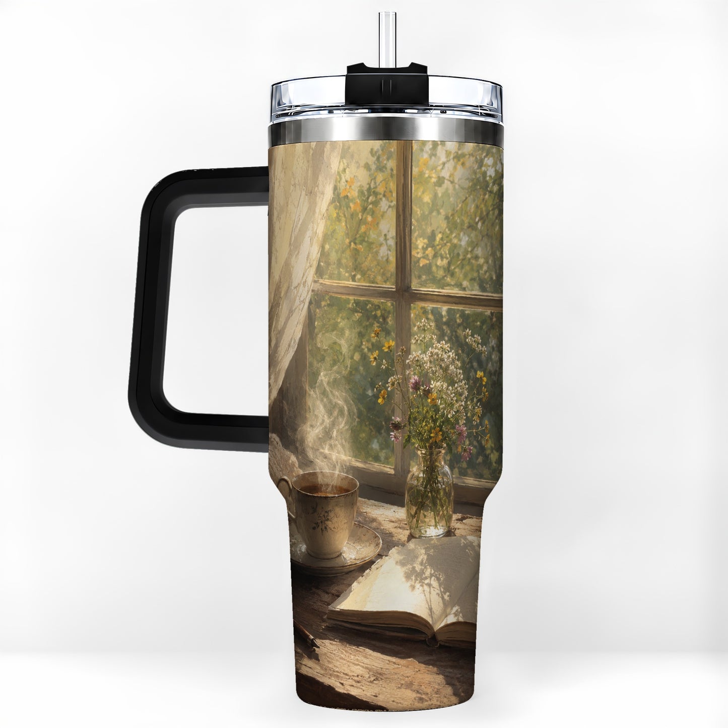 #pl[40oz|Black] Cozy Reading Nook 40oz Tumbler with Handle, Book and Tea Art