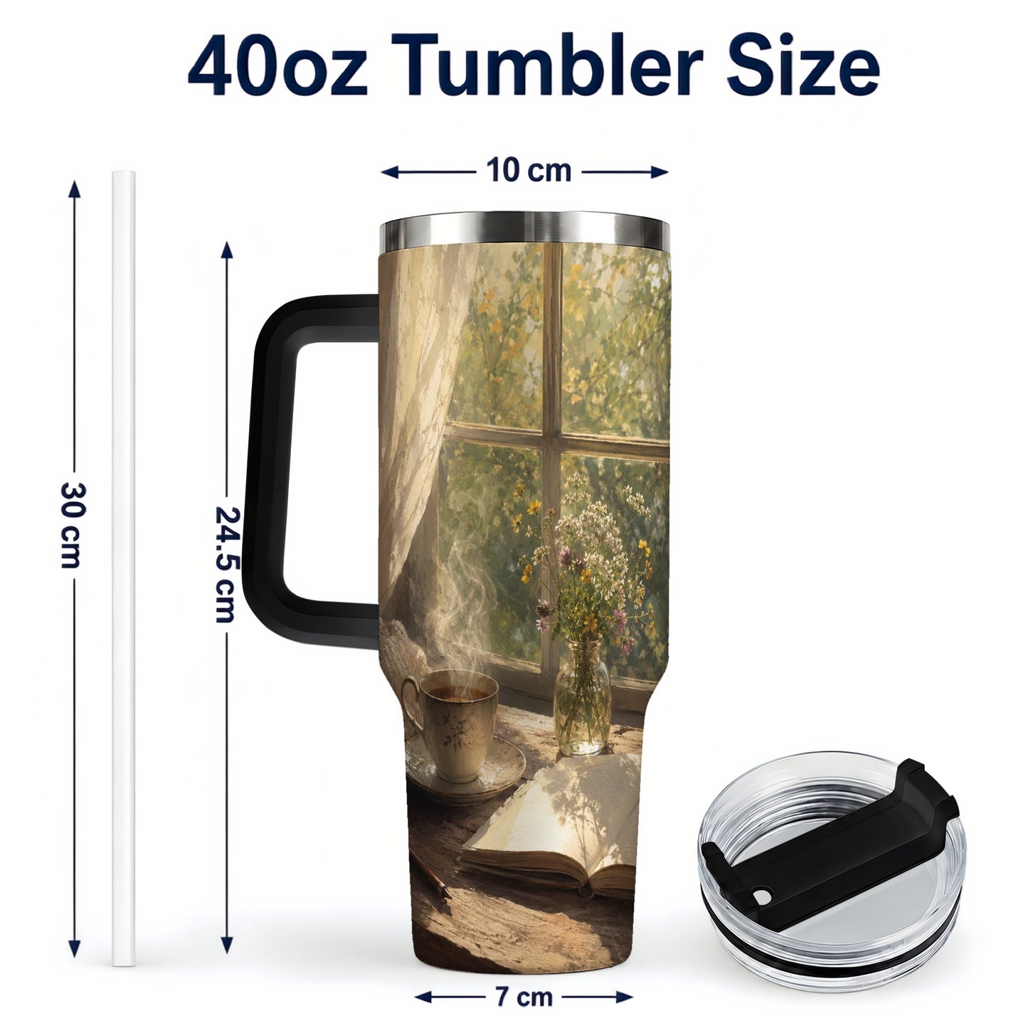 #pl[40oz|Black] Cozy Reading Nook 40oz Tumbler with Handle, Book and Tea Art