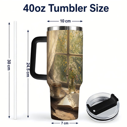 #pl[40oz|Black] Cozy Reading Nook 40oz Tumbler with Handle, Book and Tea Art