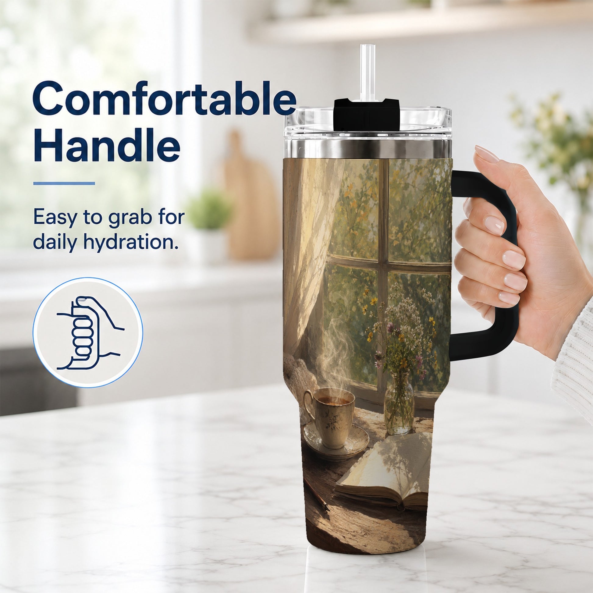 #pl[40oz|Black] Cozy Reading Nook 40oz Tumbler with Handle, Book and Tea Art