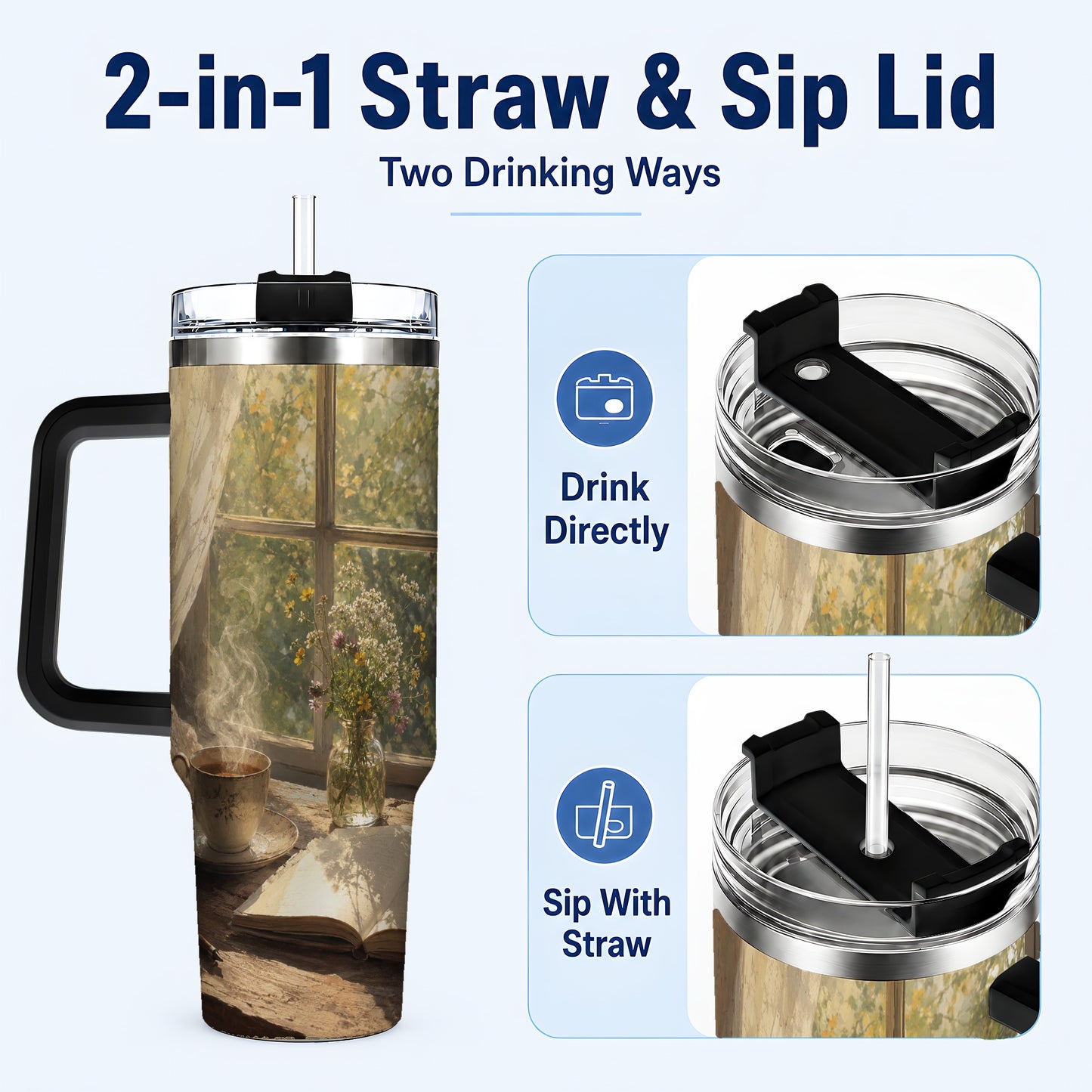 #pl[40oz|Black] Cozy Reading Nook 40oz Tumbler with Handle, Book and Tea Art