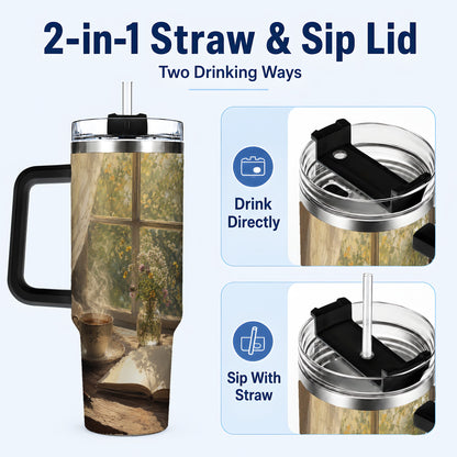 #pl[40oz|Black] Cozy Reading Nook 40oz Tumbler with Handle, Book and Tea Art