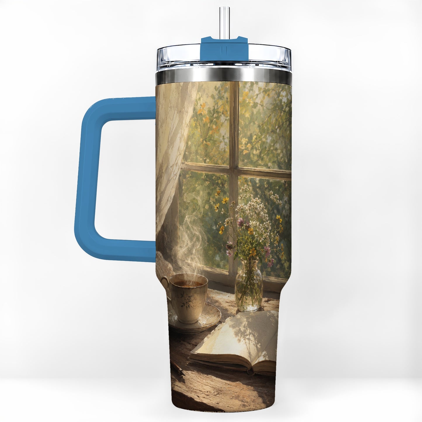 #pl[40oz|Blue] Cozy Reading Nook 40oz Tumbler with Handle, Book and Tea Art