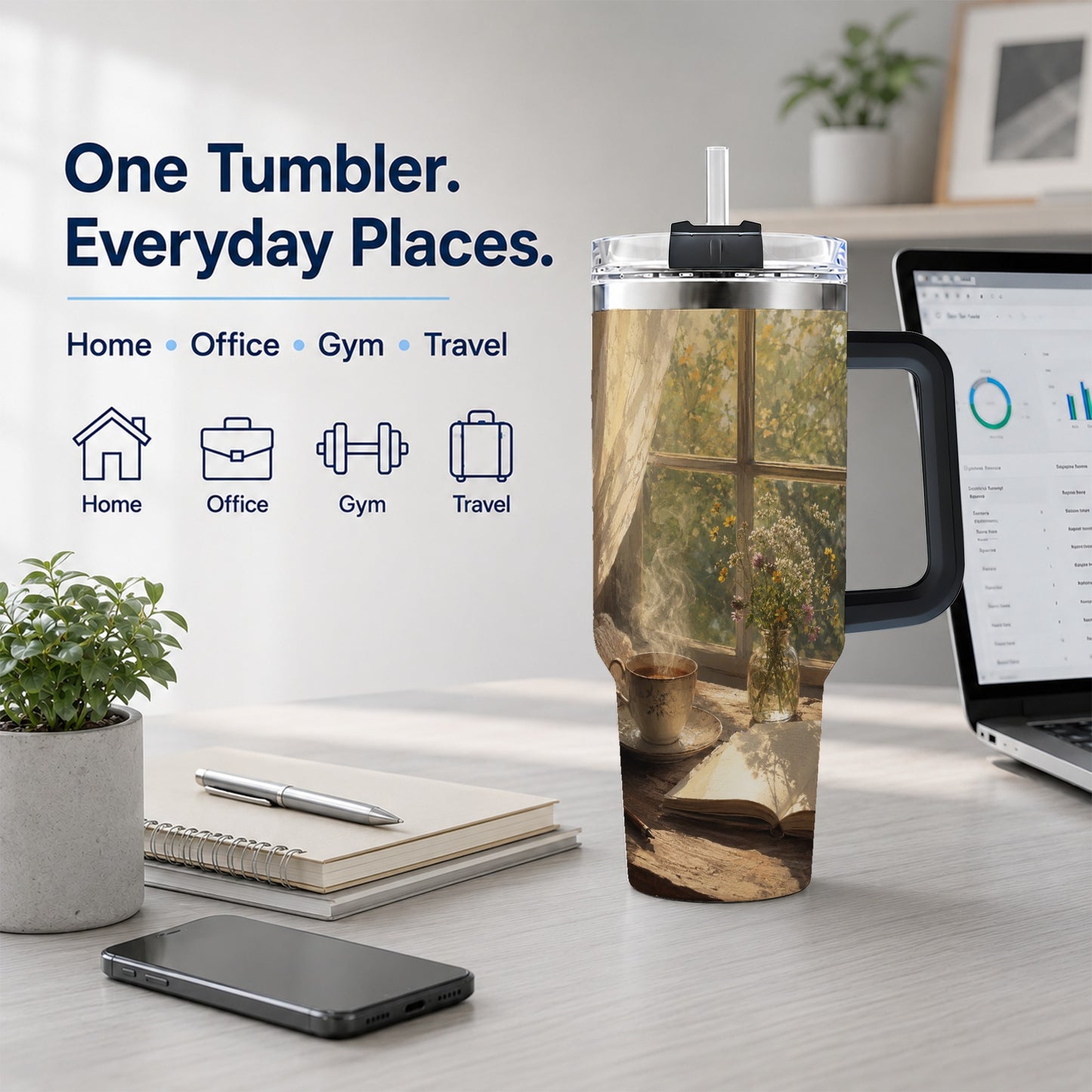 #pl[40oz|Black] Cozy Reading Nook 40oz Tumbler with Handle, Book and Tea Art
