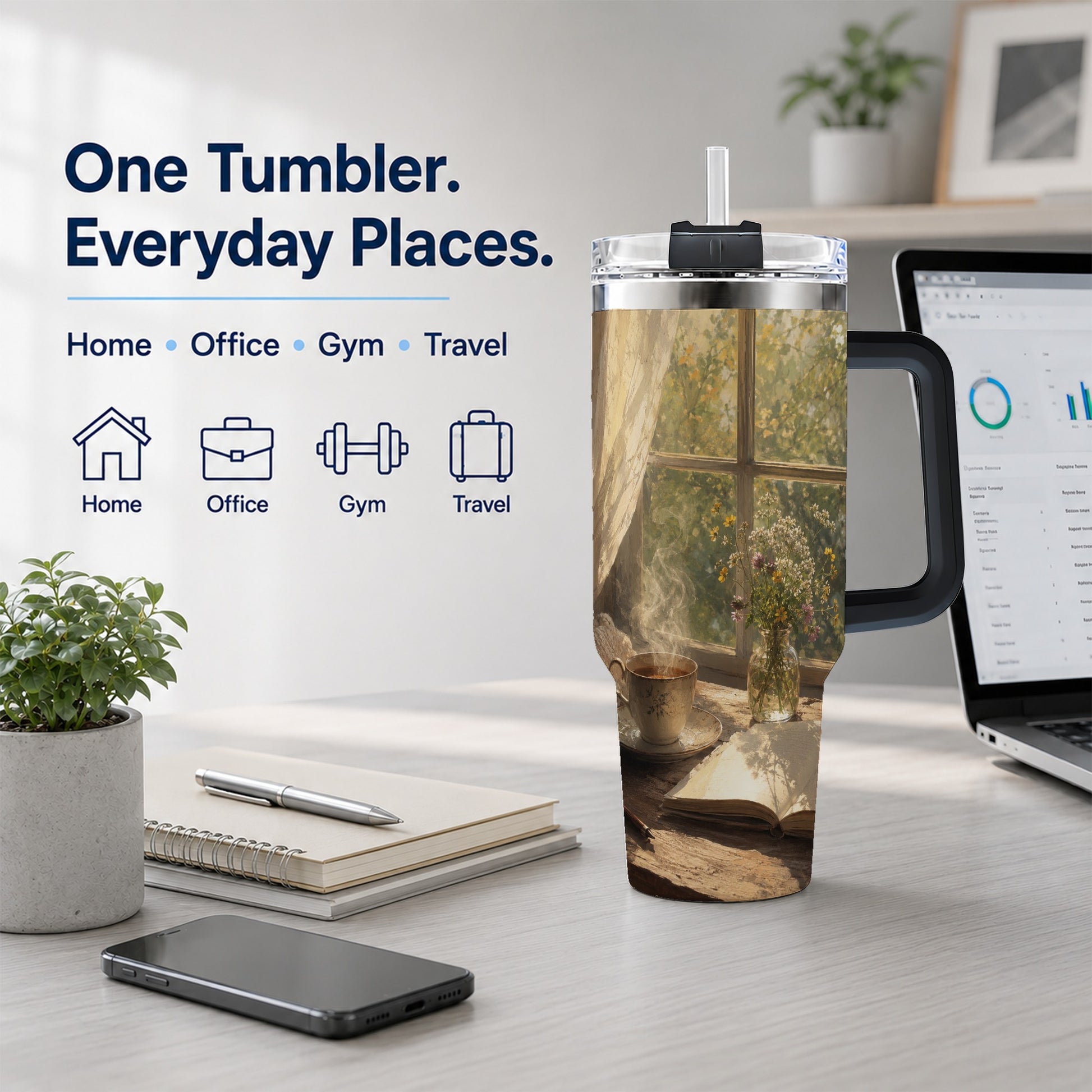 #pl[40oz|Black] Cozy Reading Nook 40oz Tumbler with Handle, Book and Tea Art