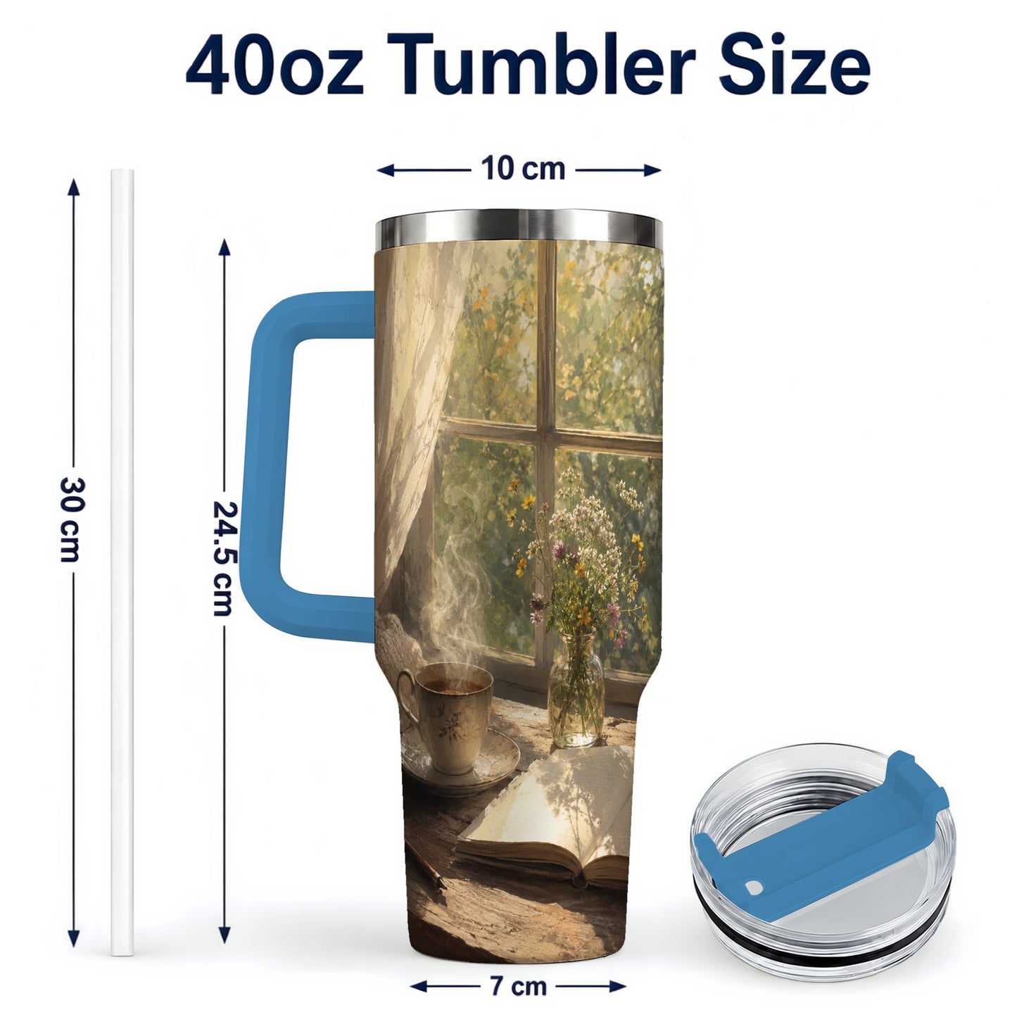 #pl[40oz|Blue] Cozy Reading Nook 40oz Tumbler with Handle, Book and Tea Art